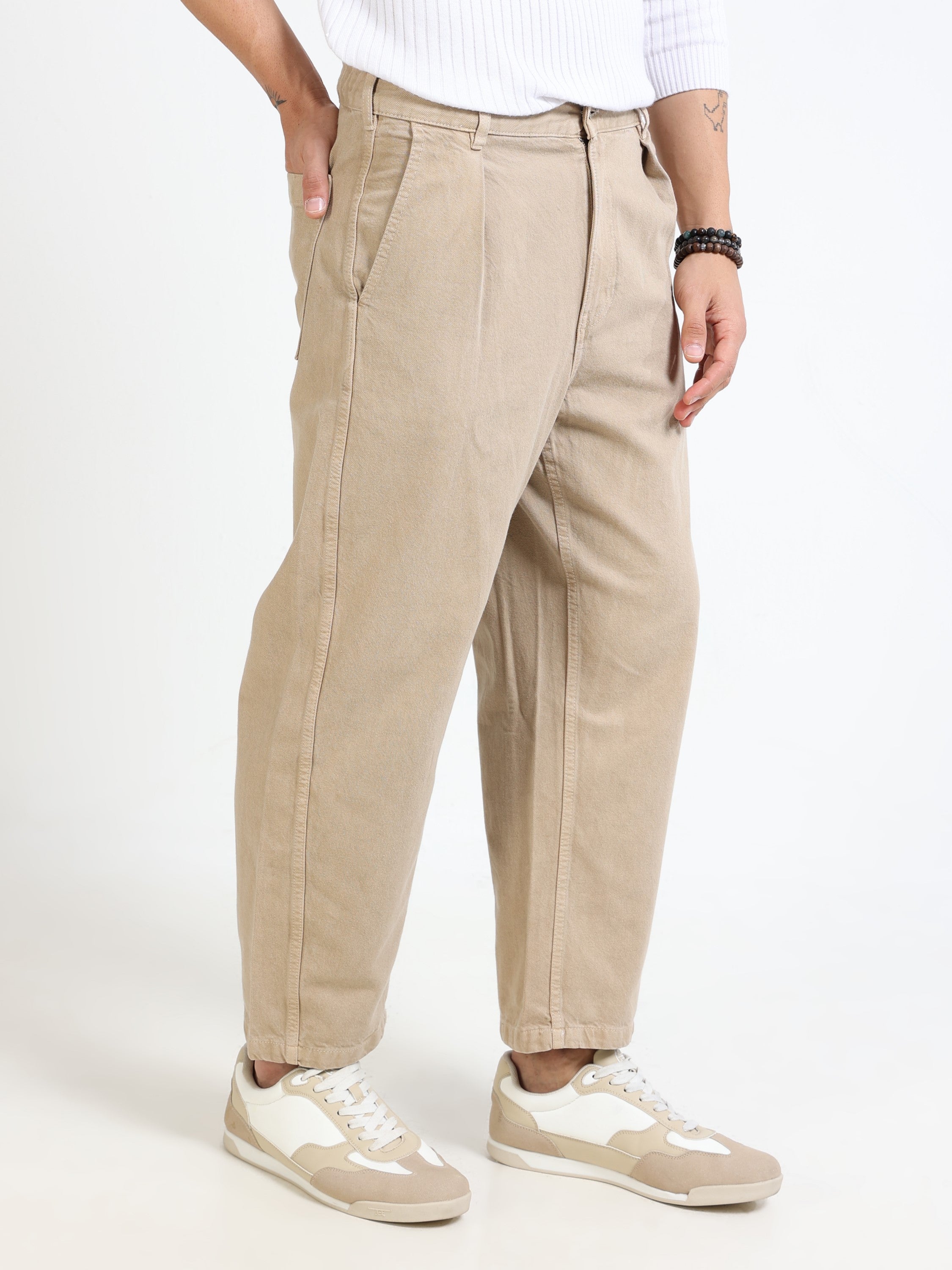 Men Beige Baggy Fit Denim