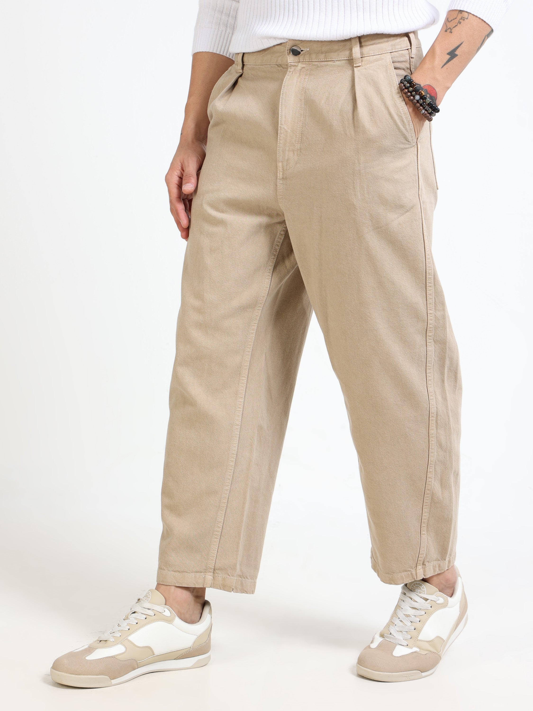 Men Beige Baggy Fit Denim