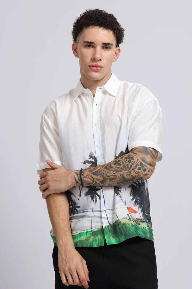 Men Brown Oversized Print Shirt