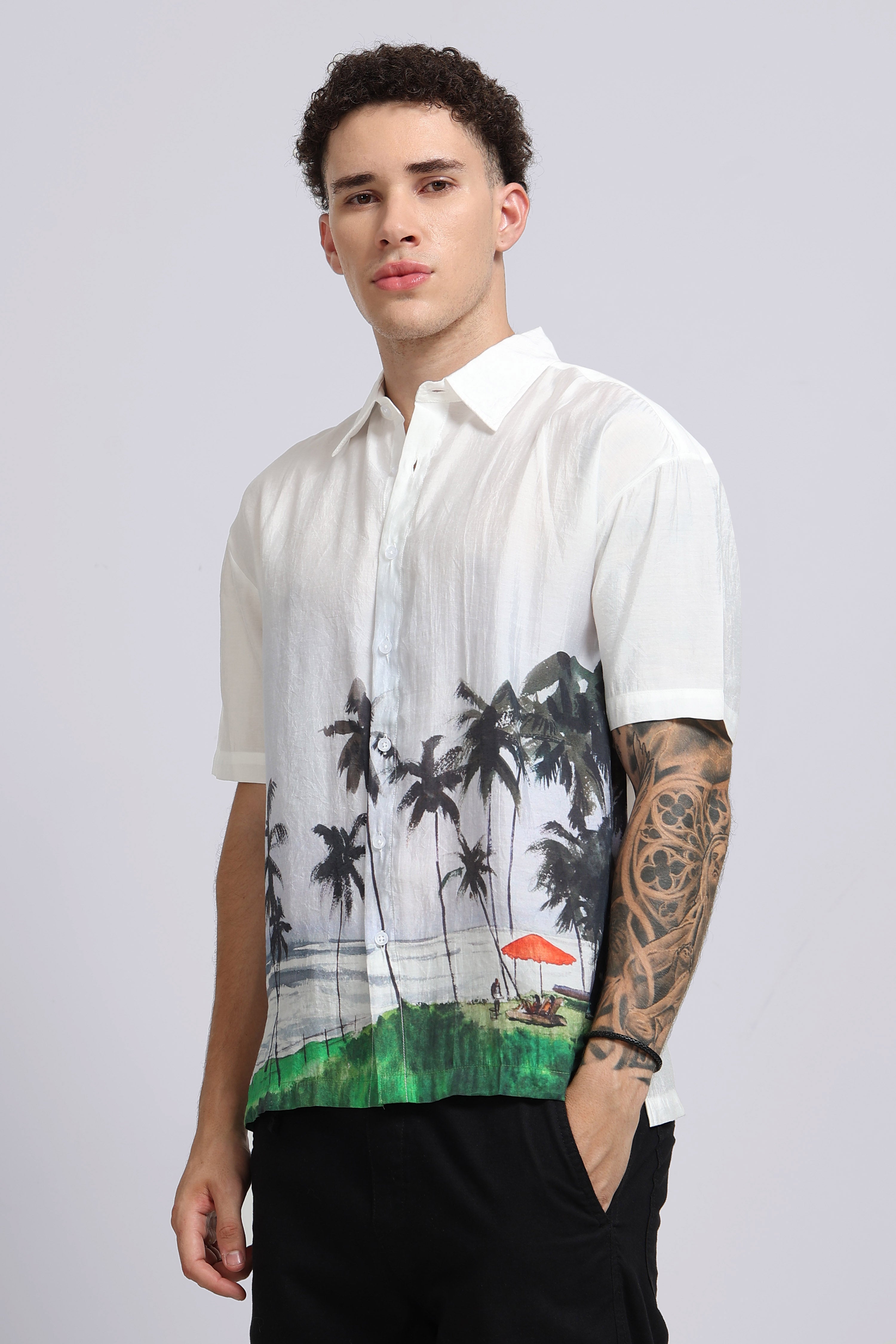 Men Brown Oversized Print Shirt