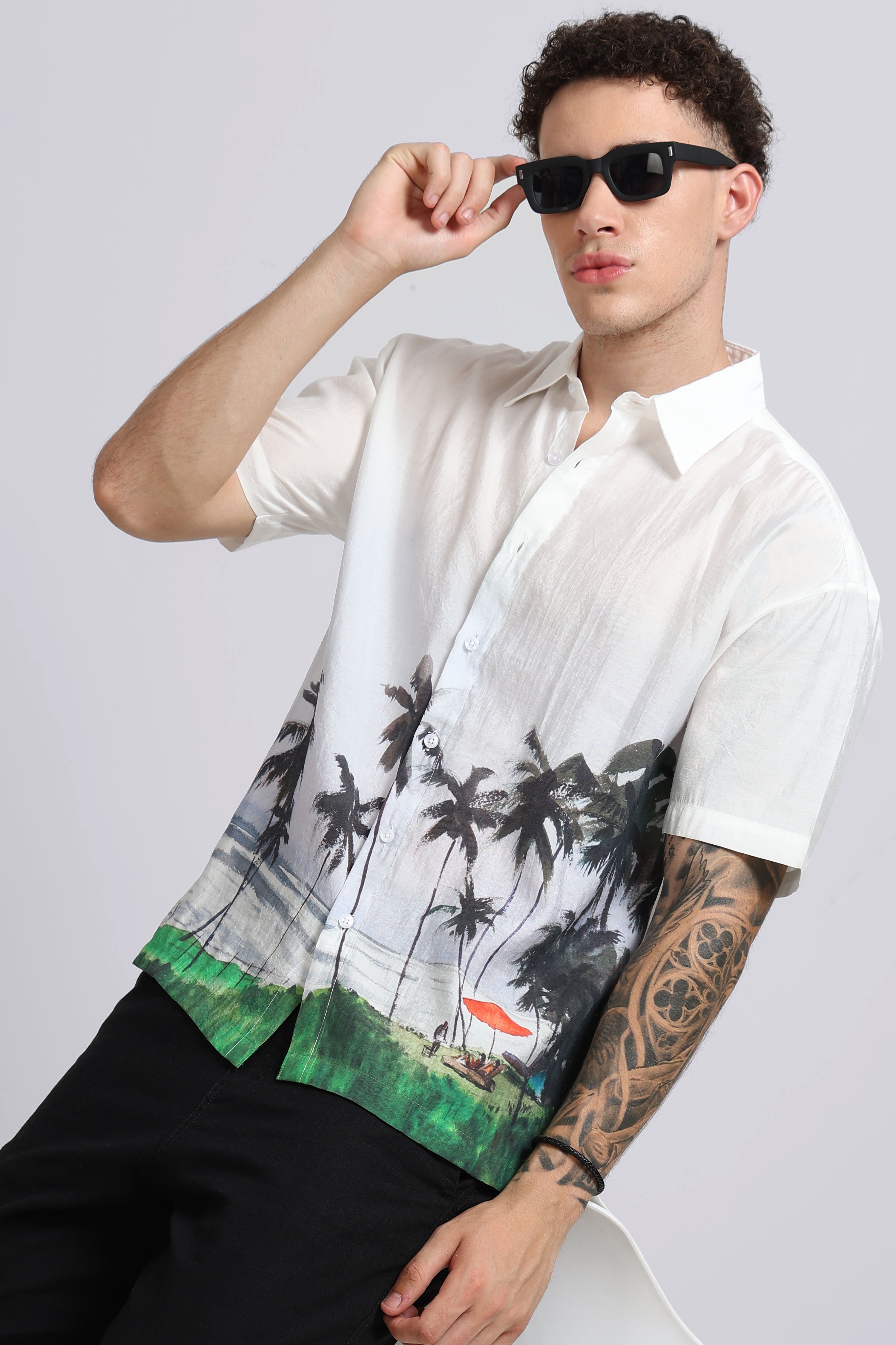 Men Brown Oversized Print Shirt