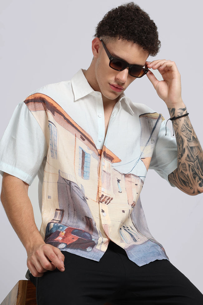 Men Beige Oversized Print Shirt