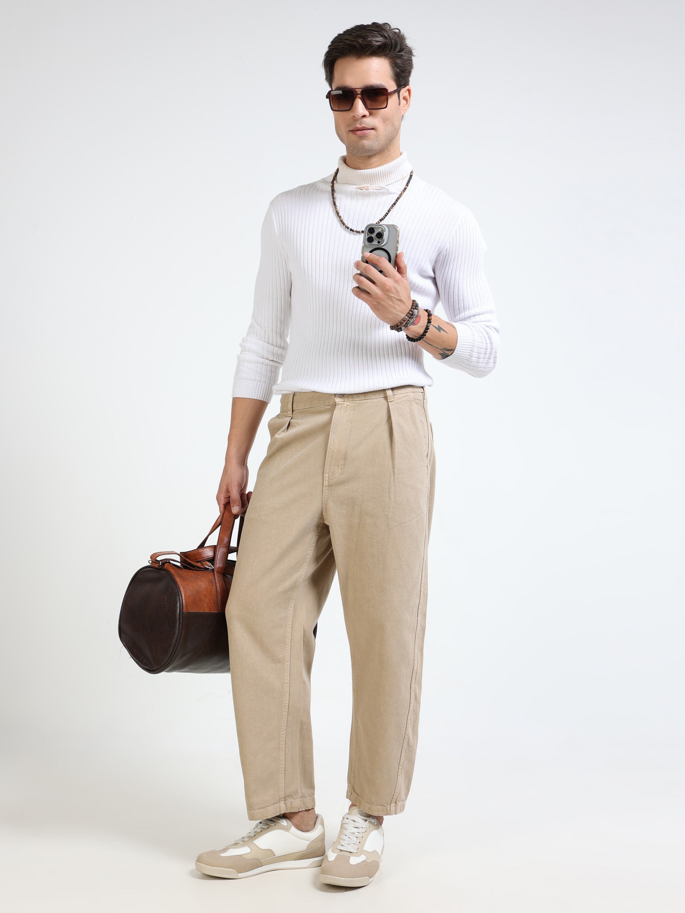 Men Beige Baggy Fit Denim