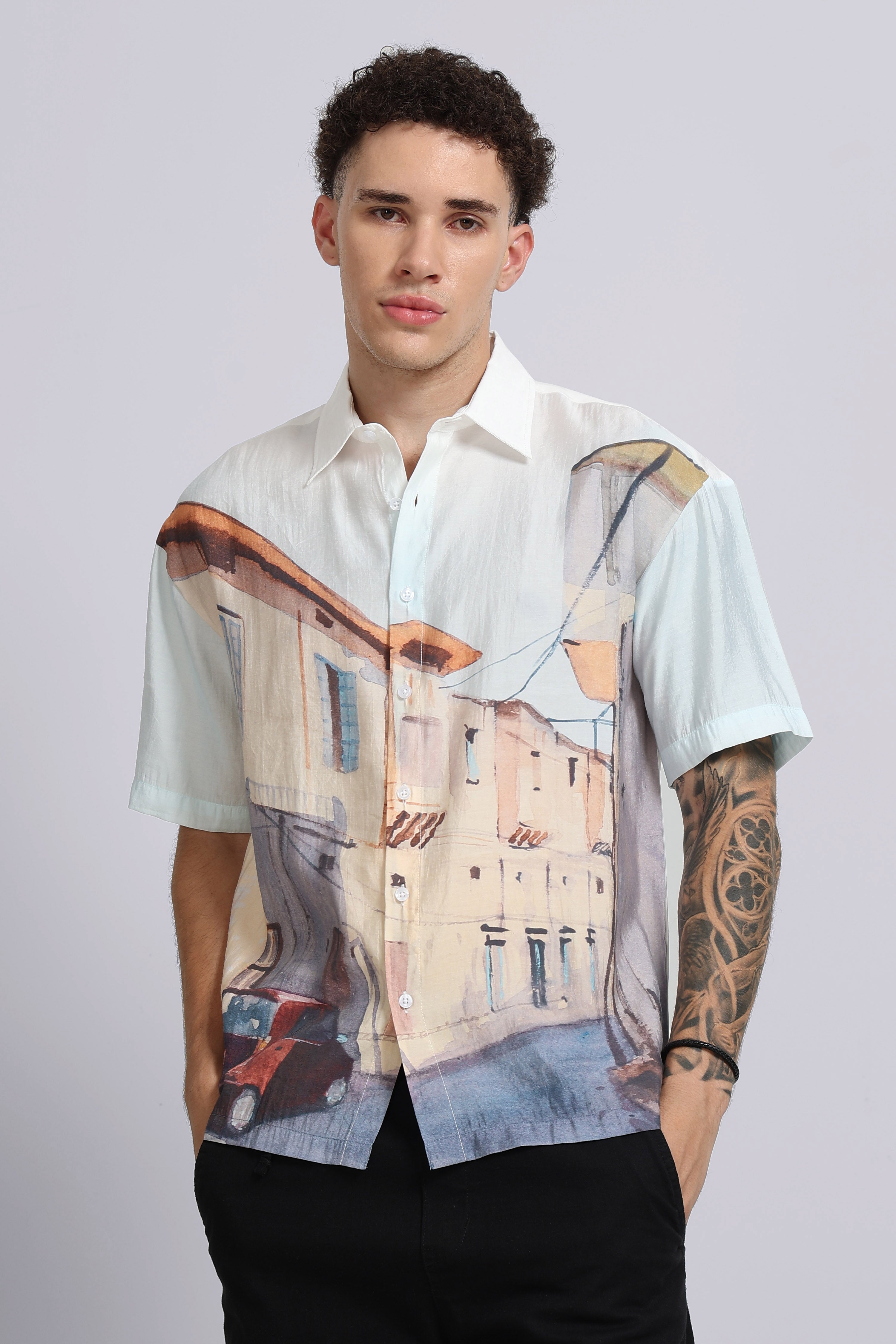 Men Beige Oversized Print Shirt
