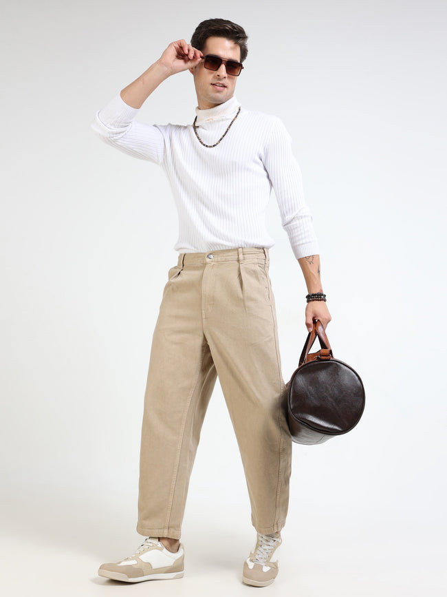 Men Beige Baggy Fit Denim