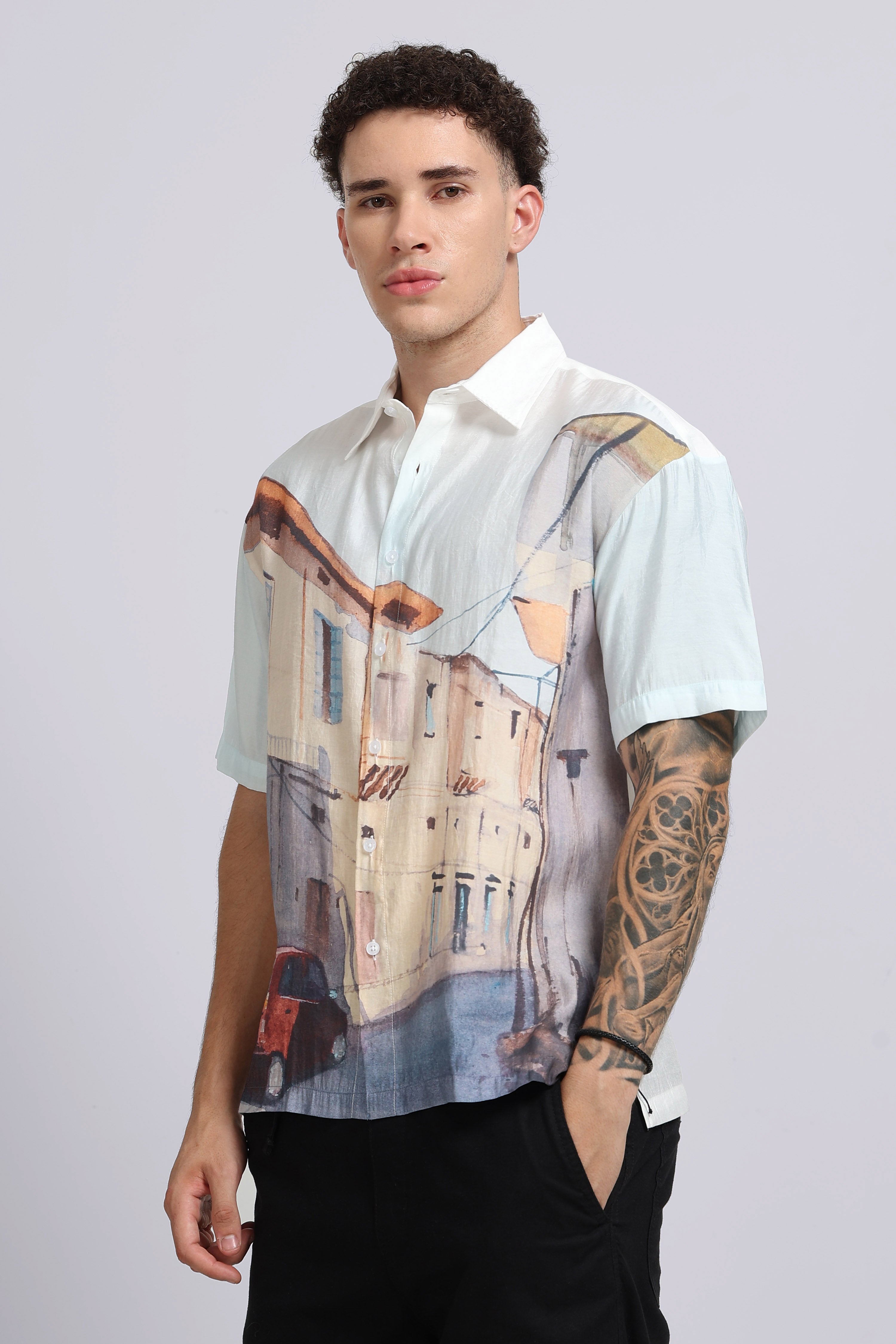 Men Beige Oversized Print Shirt