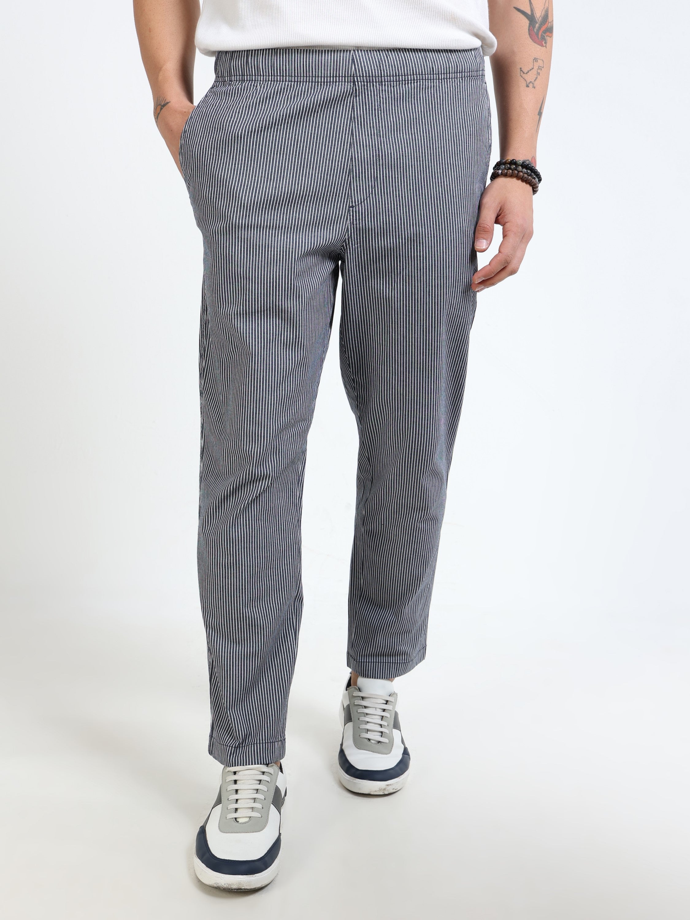 Men Black Striped Slim Fit Pants