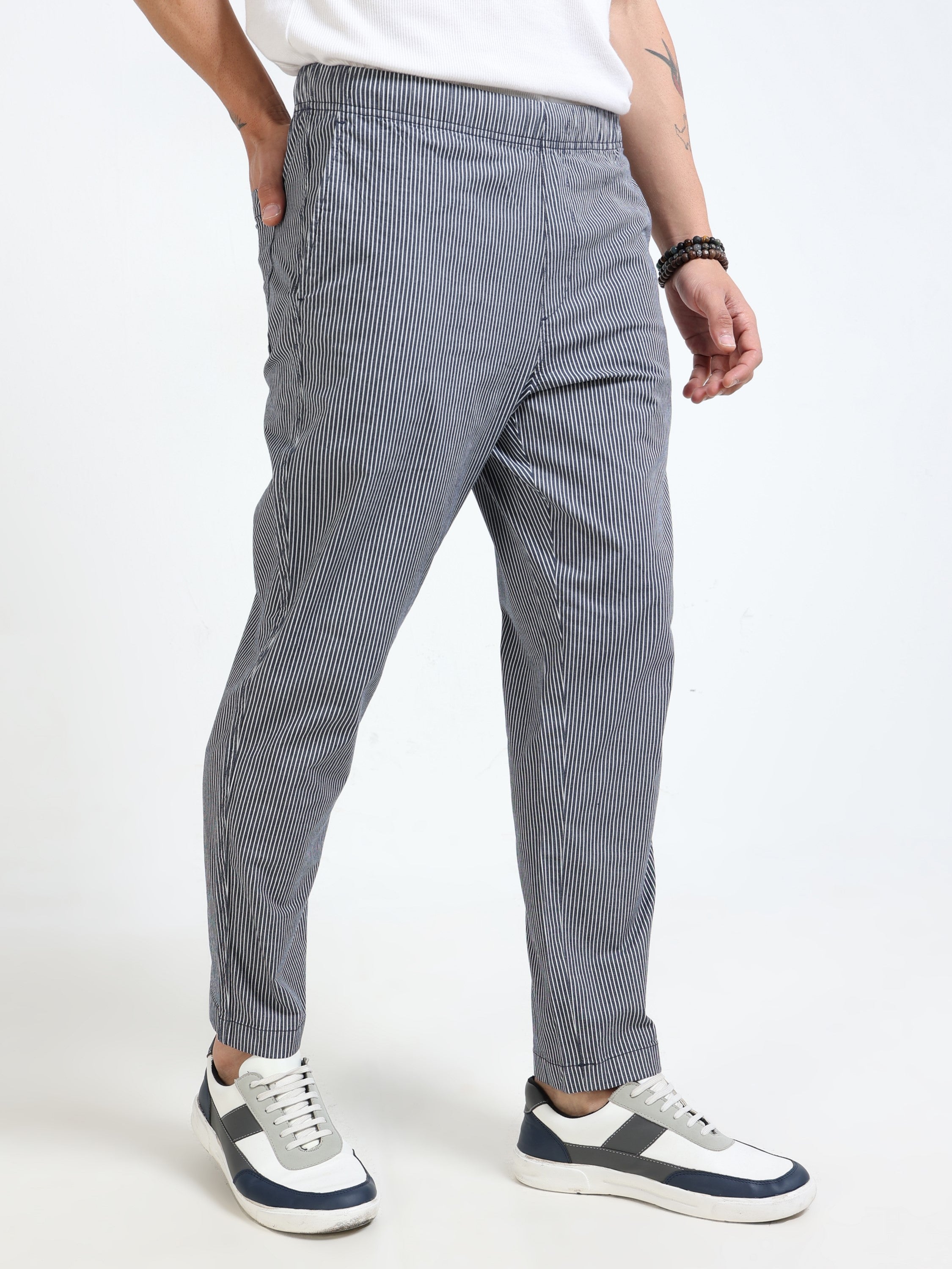 Men Black Striped Slim Fit Pants
