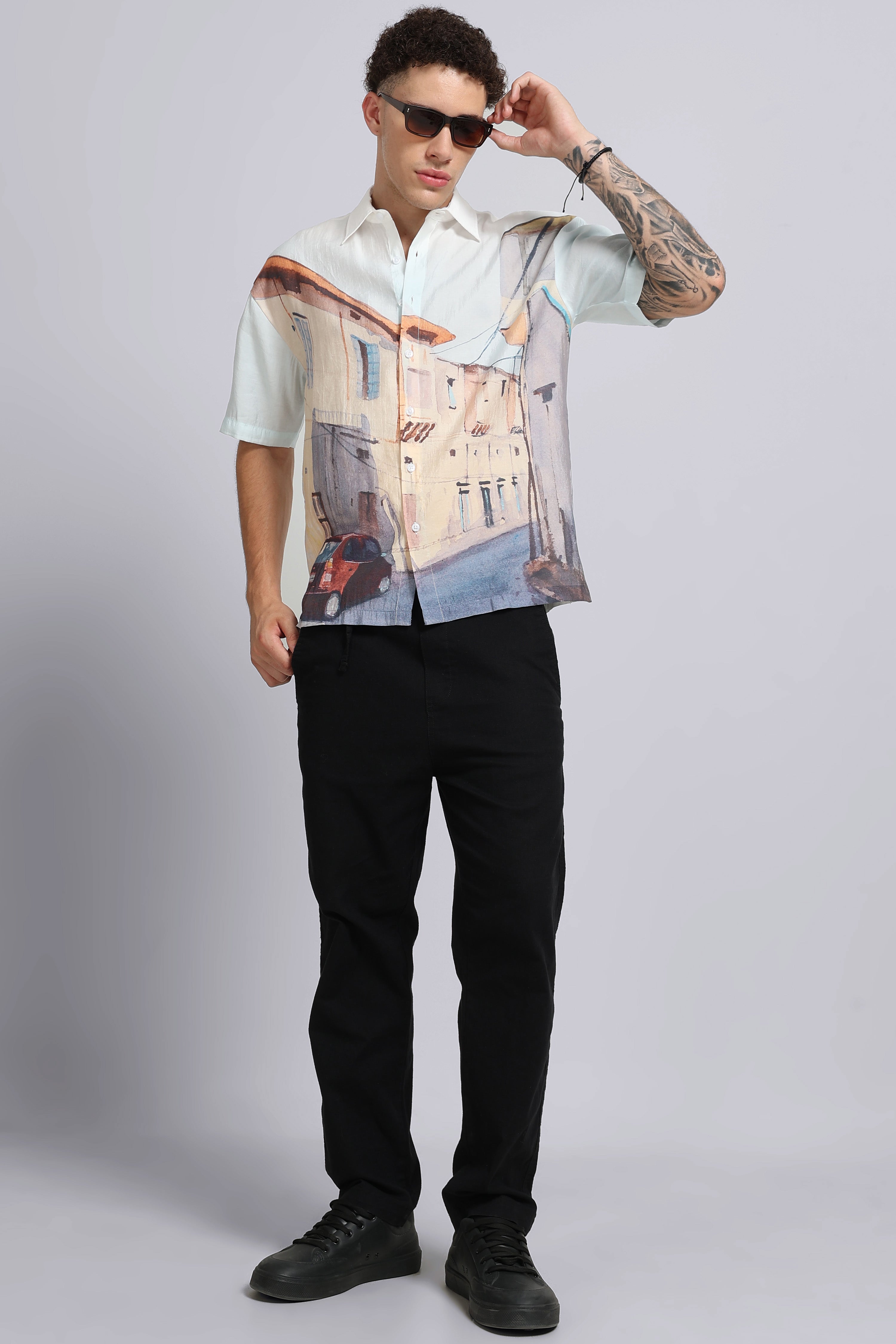 Men Beige Oversized Print Shirt