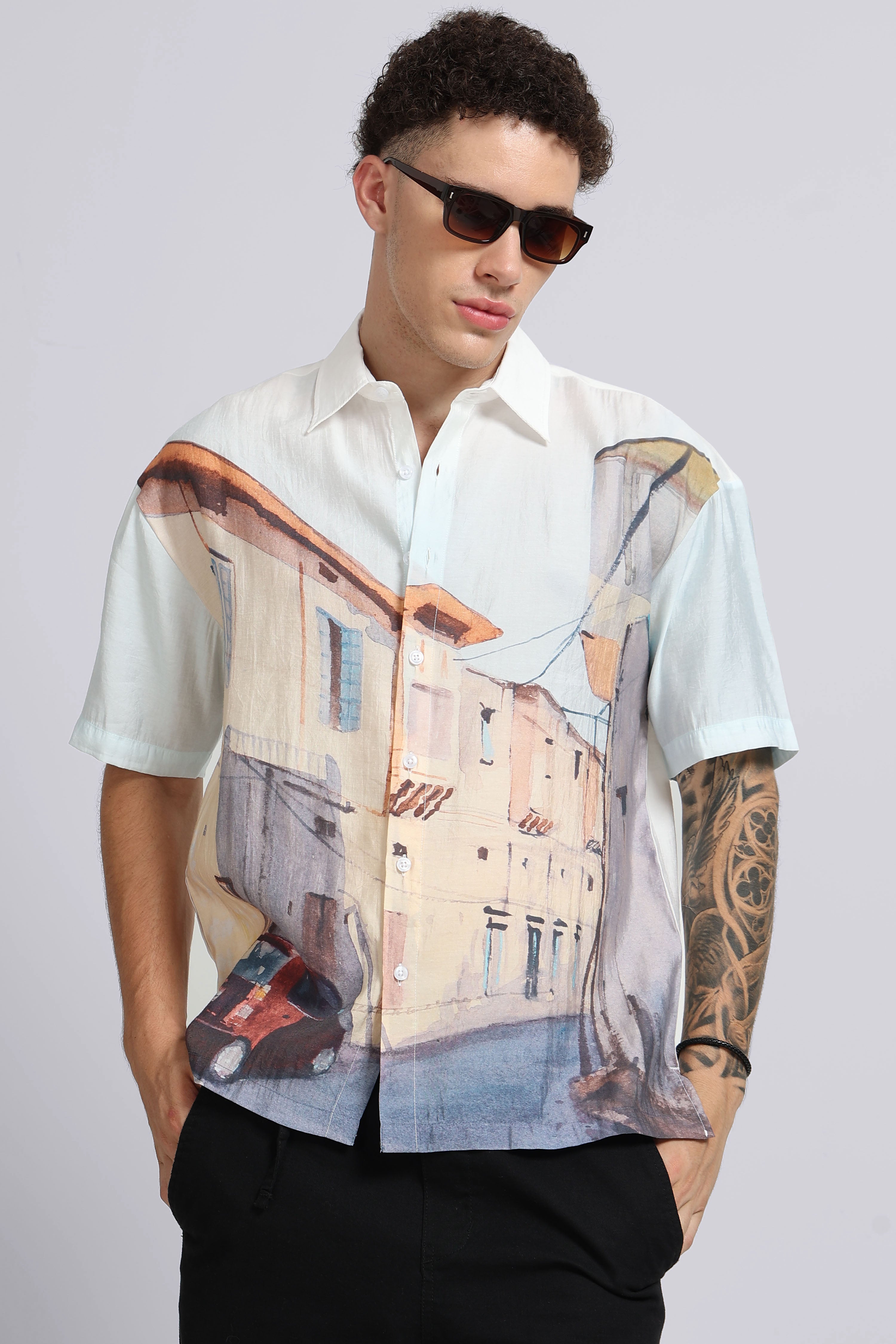 Men Beige Oversized Print Shirt