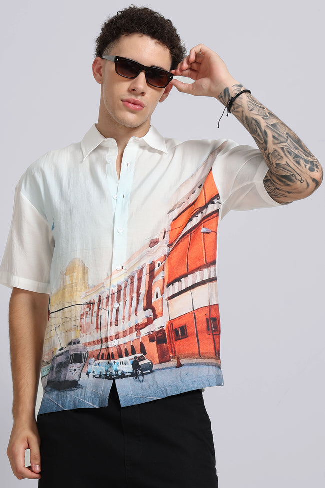 Men Maroon Oversized Print Shirt