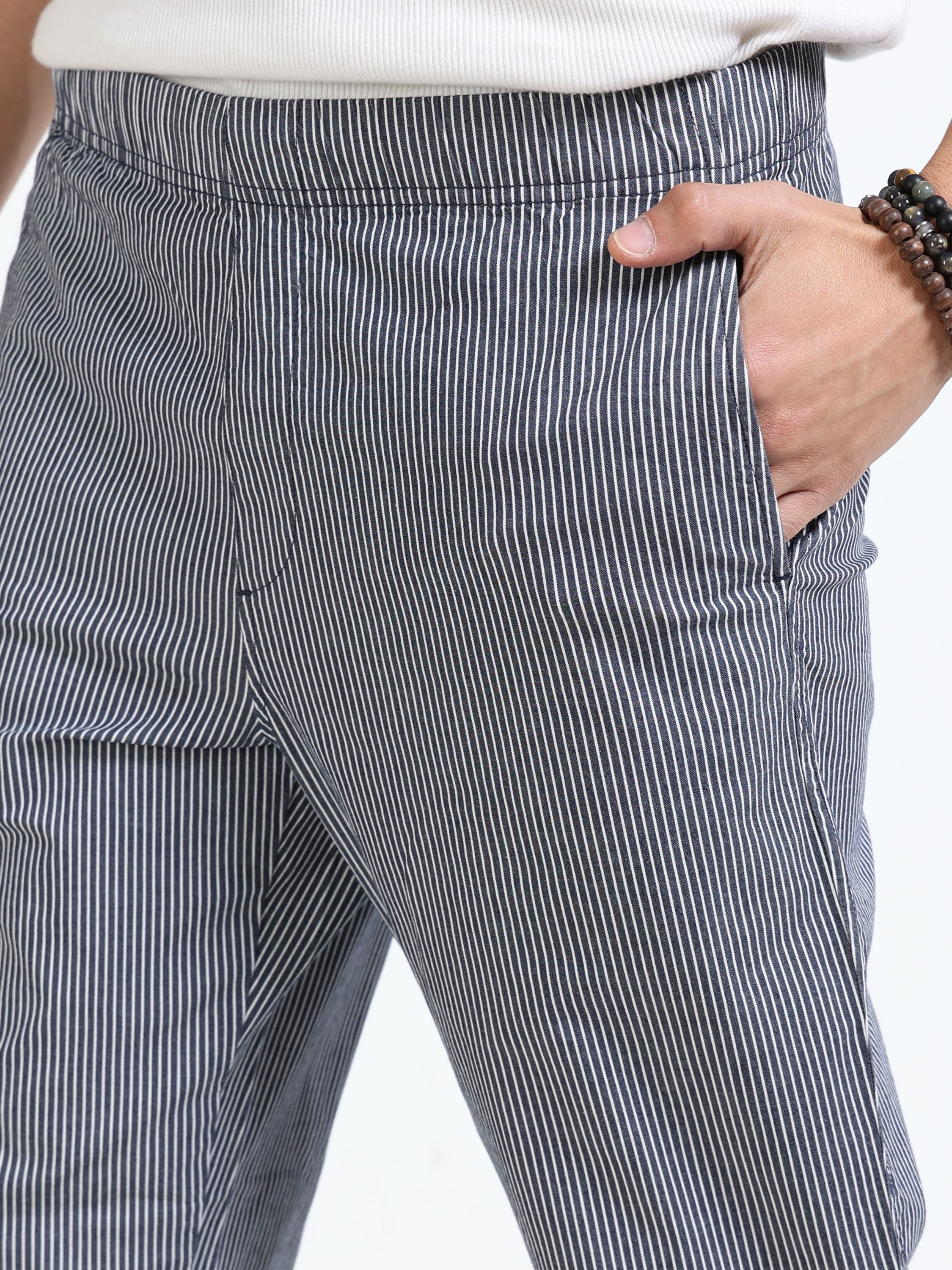 Men Black Striped Slim Fit Pants