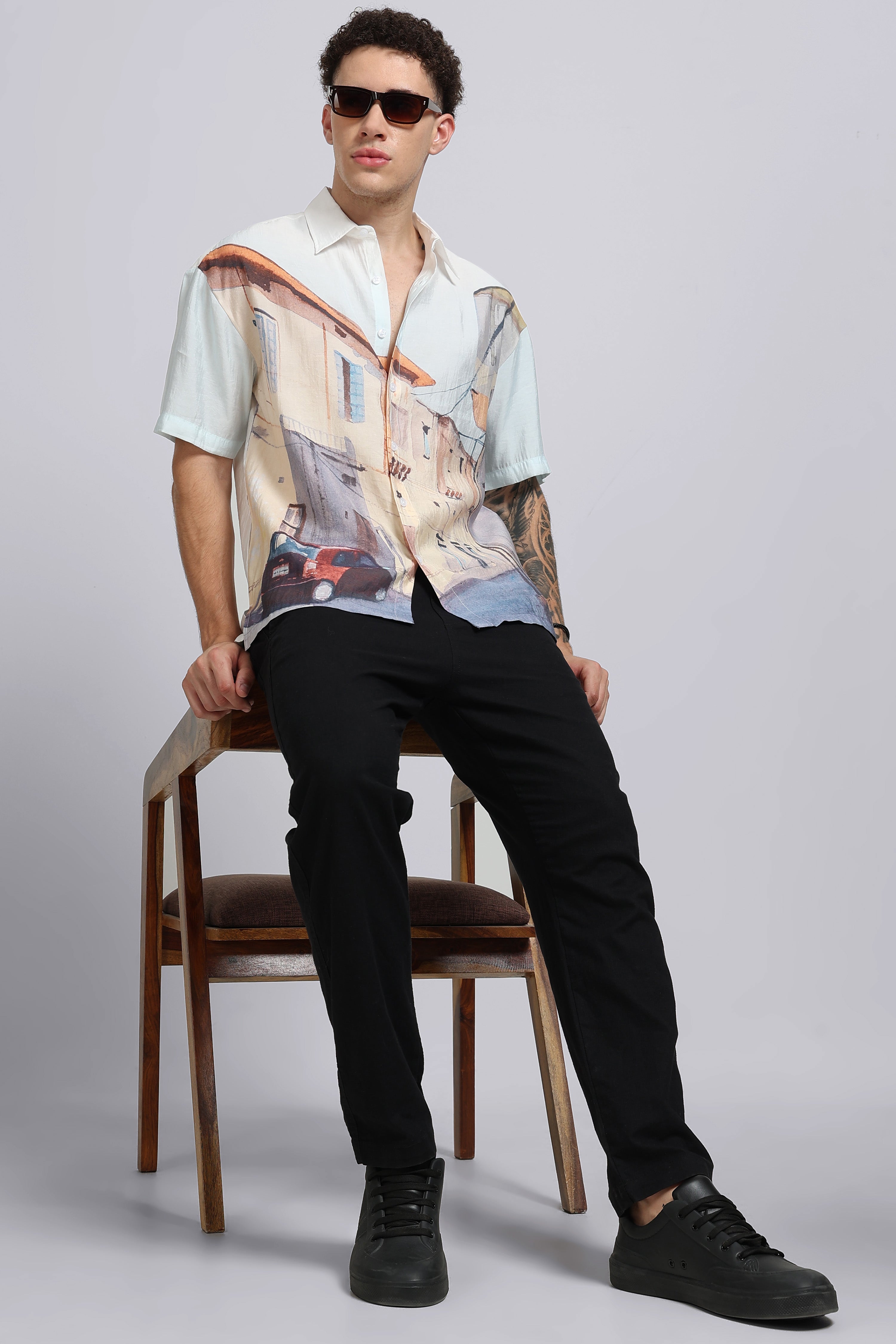 Men Beige Oversized Print Shirt