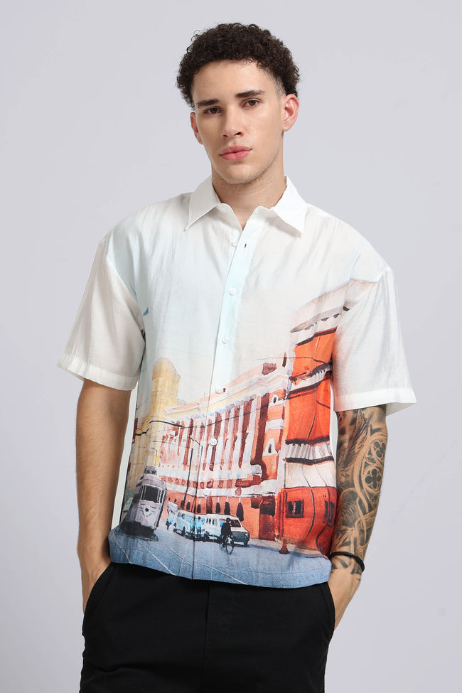 Men Maroon Oversized Print Shirt