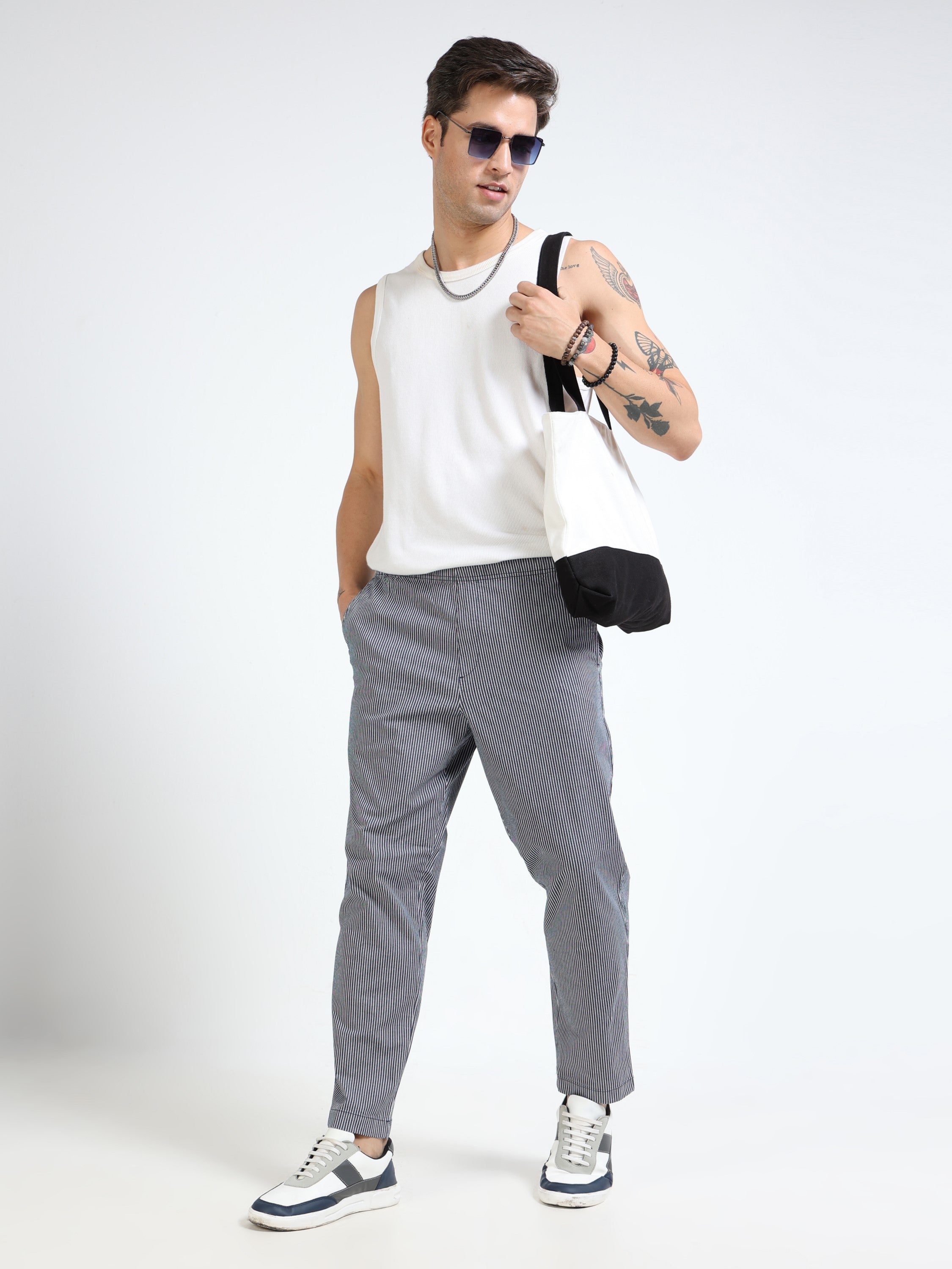Men Black Striped Slim Fit Pants