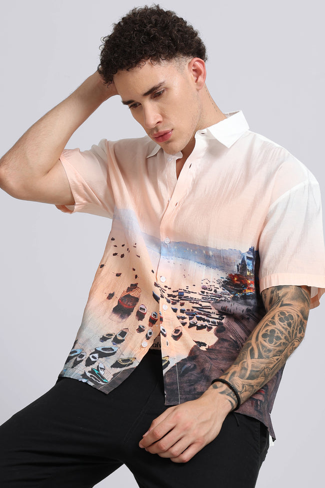 Men Peach Oversized Print Shirt