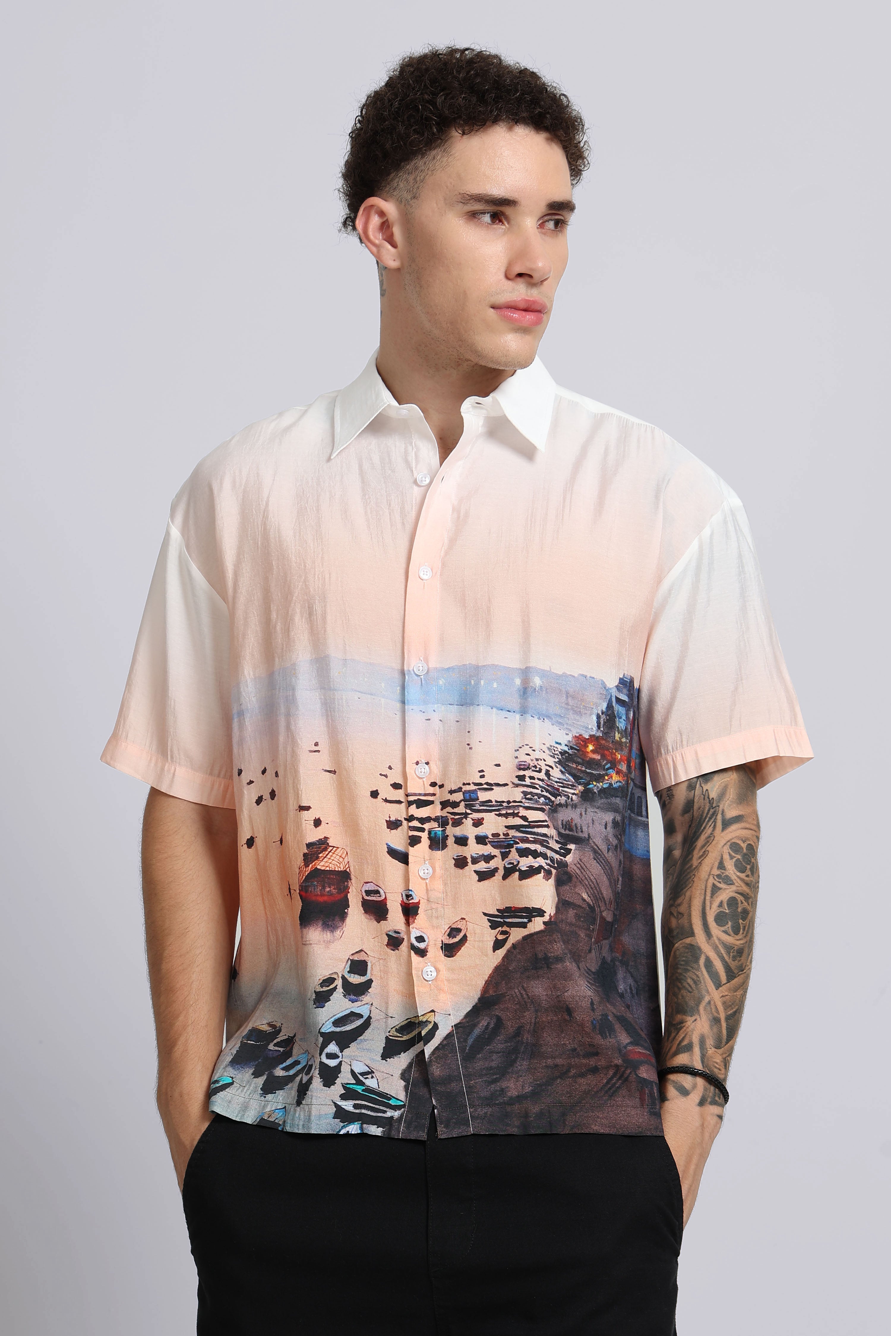 Men Peach Oversized Print Shirt