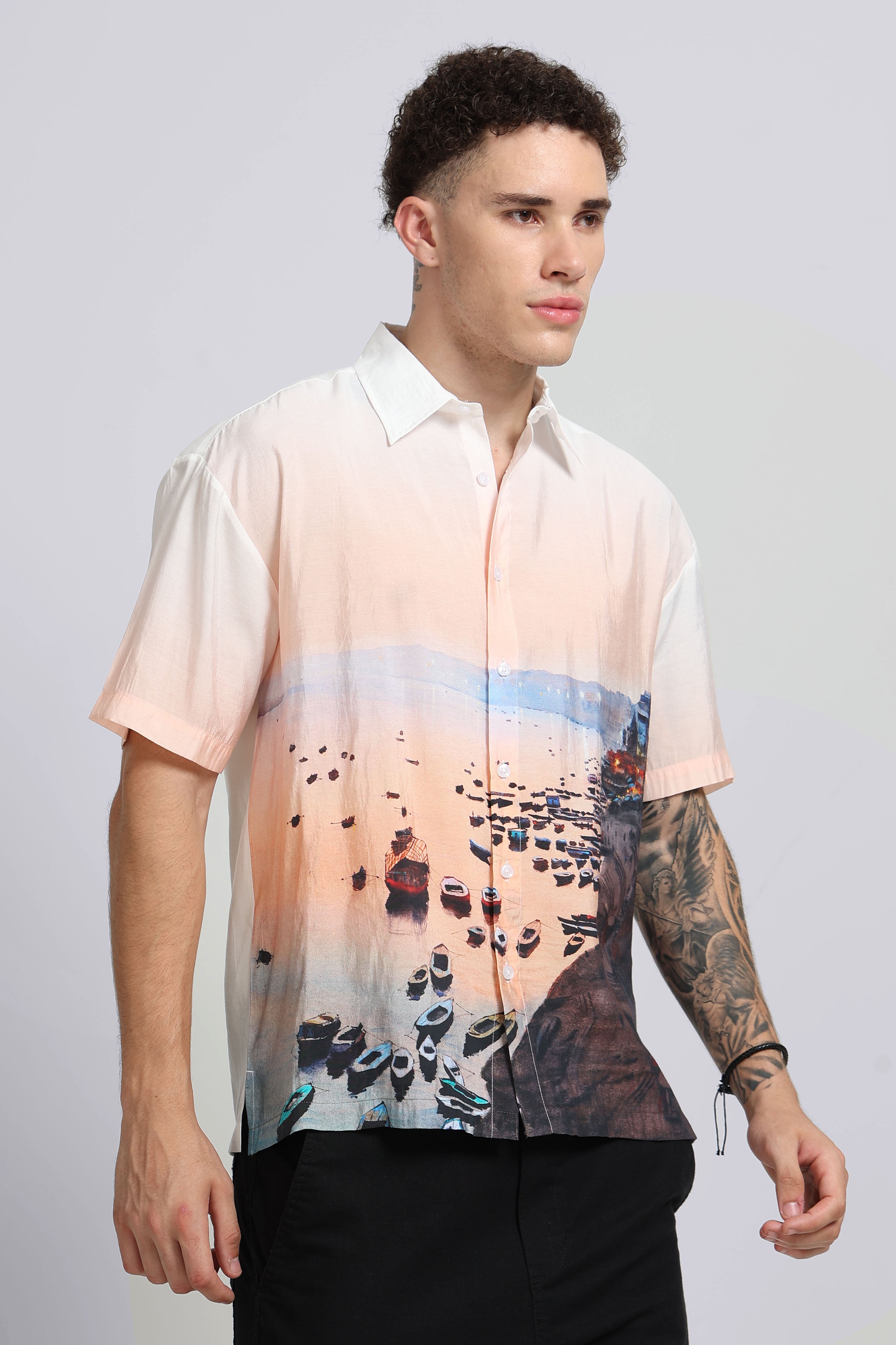 Men Peach Oversized Print Shirt