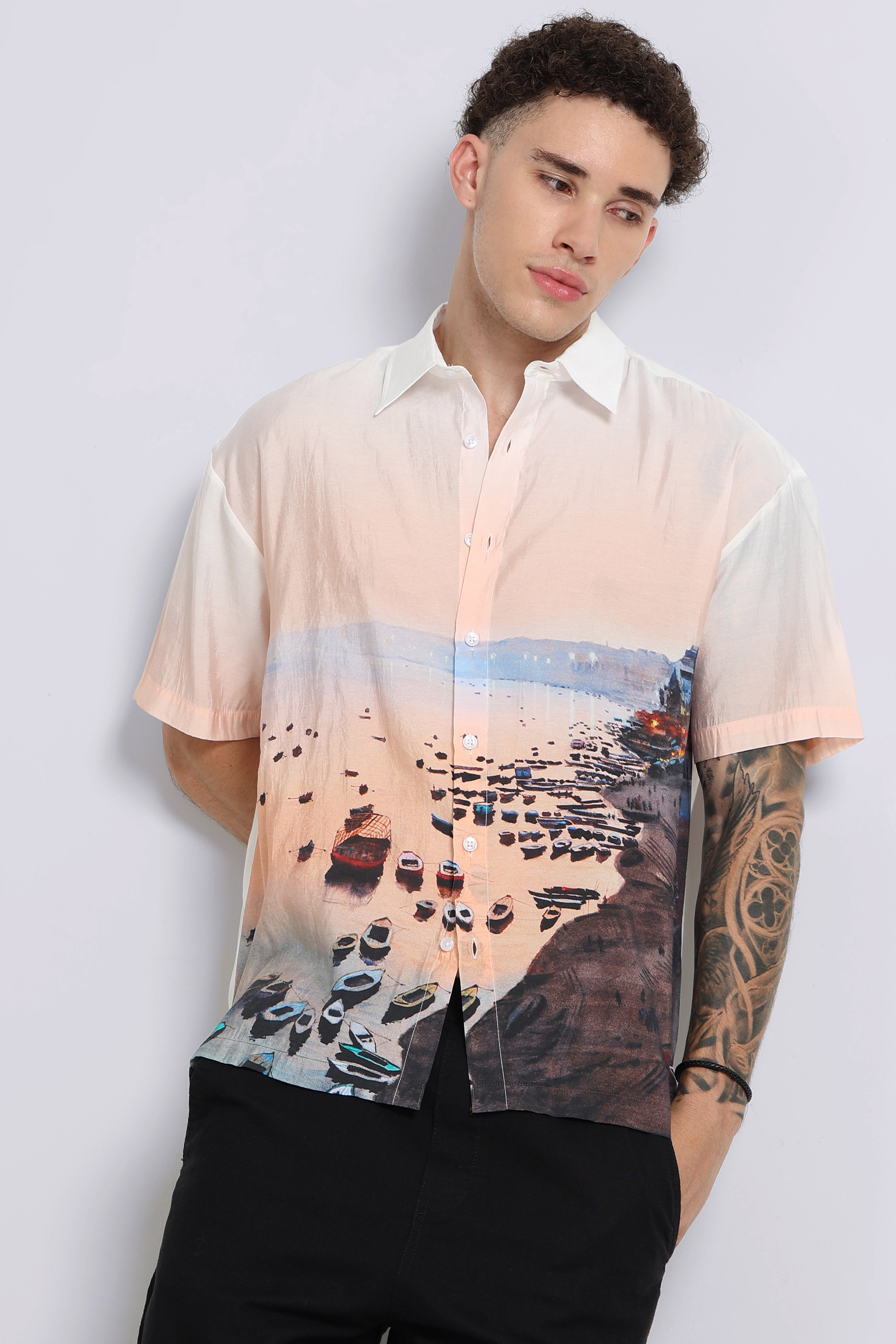Men Peach Oversized Print Shirt