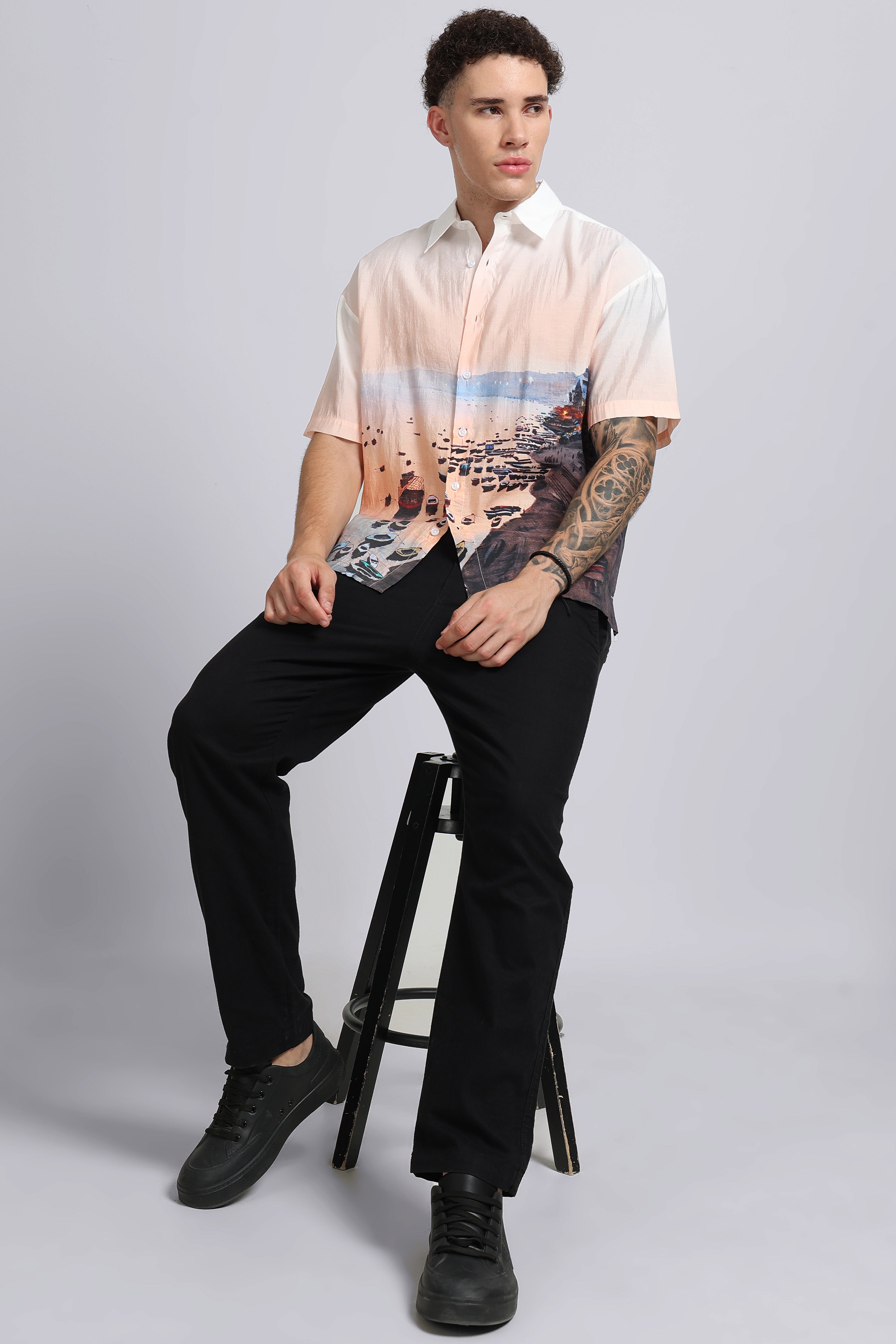 Men Peach Oversized Print Shirt