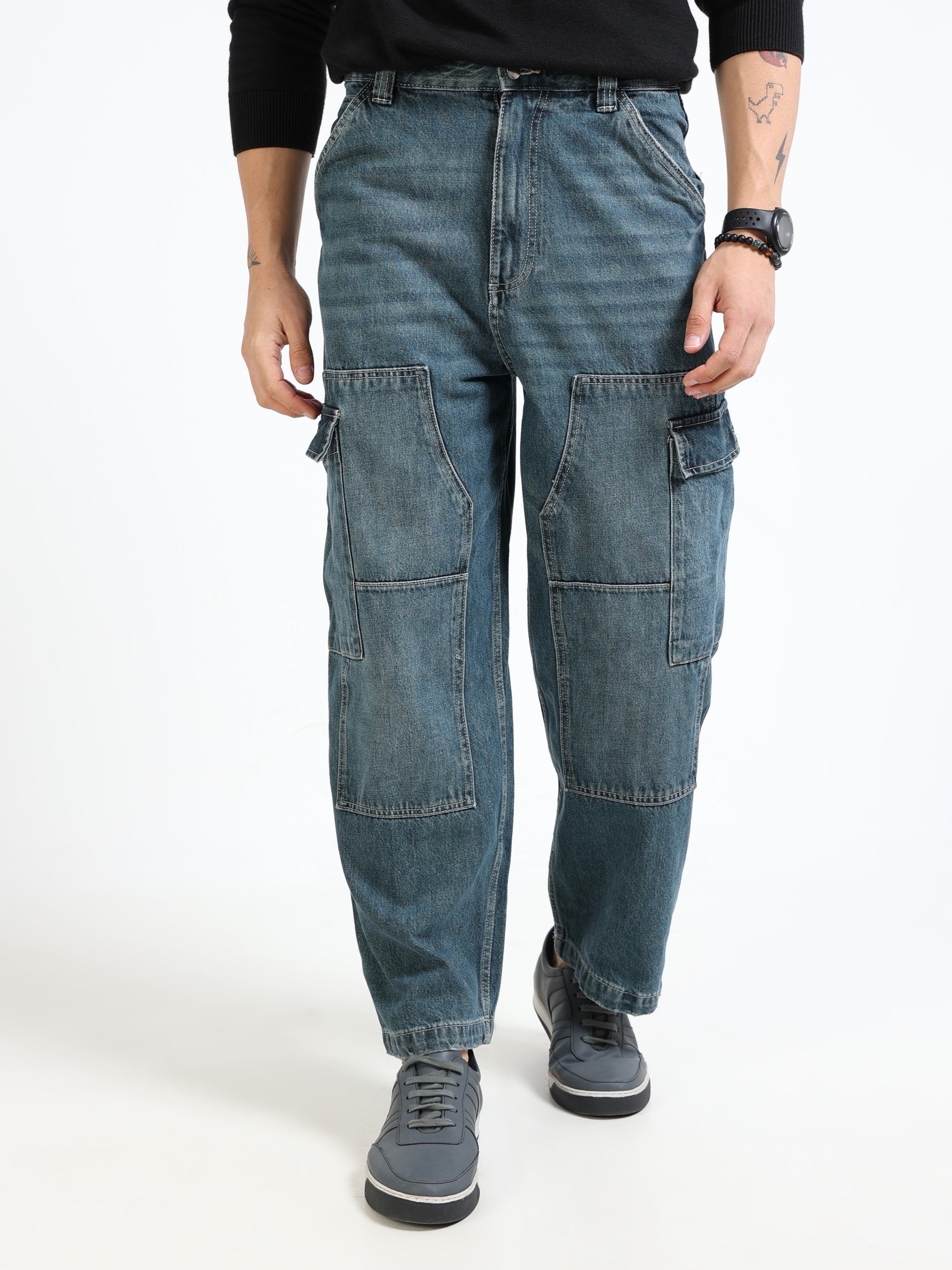 Men Blue Denim Baggy Cargo Pants