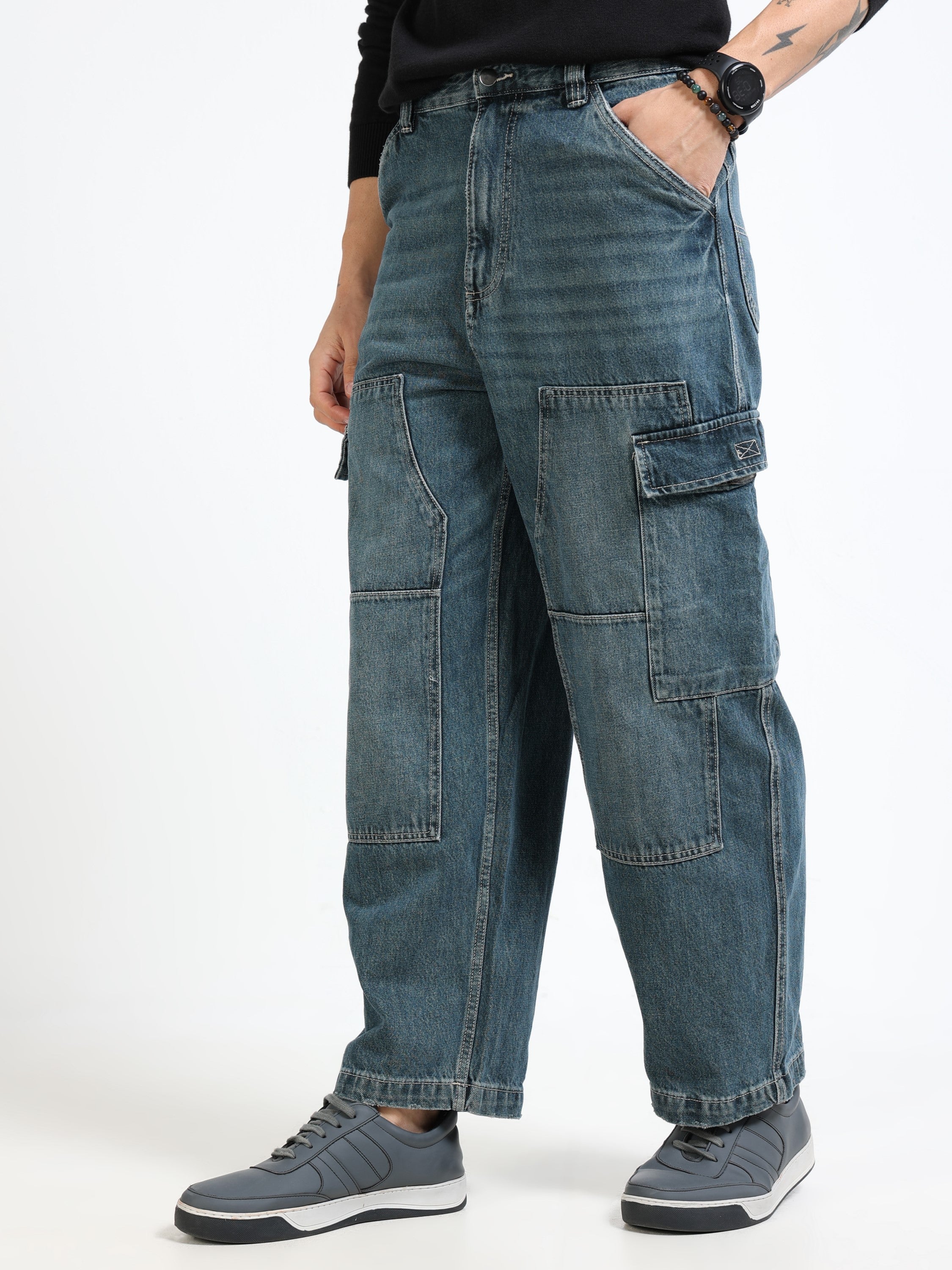 Men Blue Denim Baggy Cargo Pants