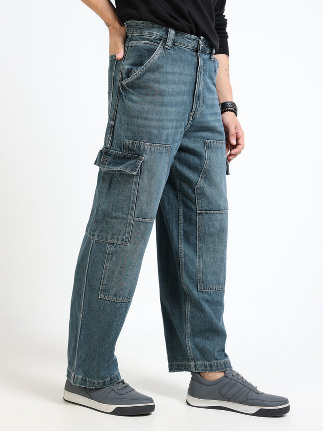 Men Blue Denim Baggy Cargo Pants