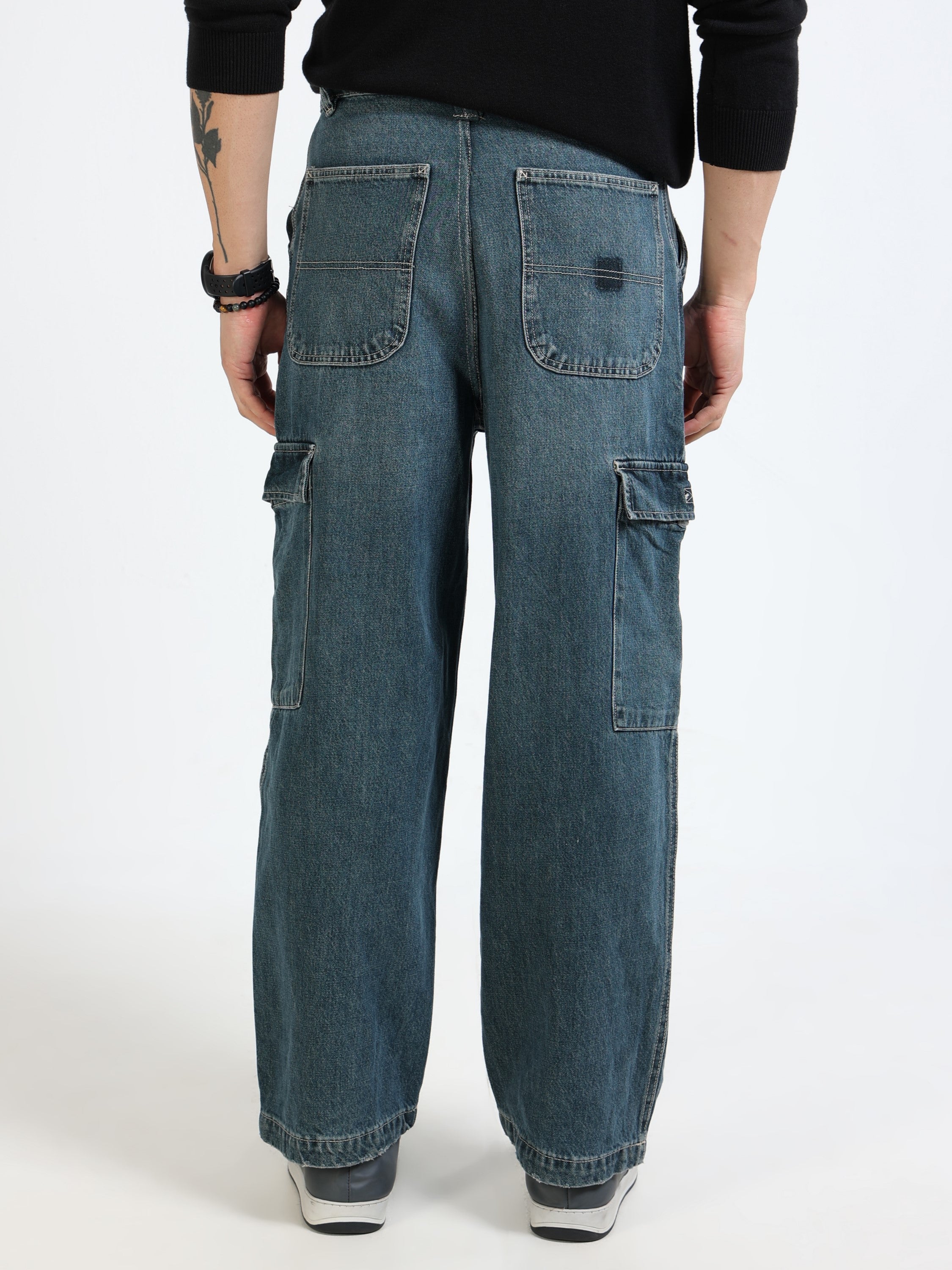 Men Blue Denim Baggy Cargo Pants