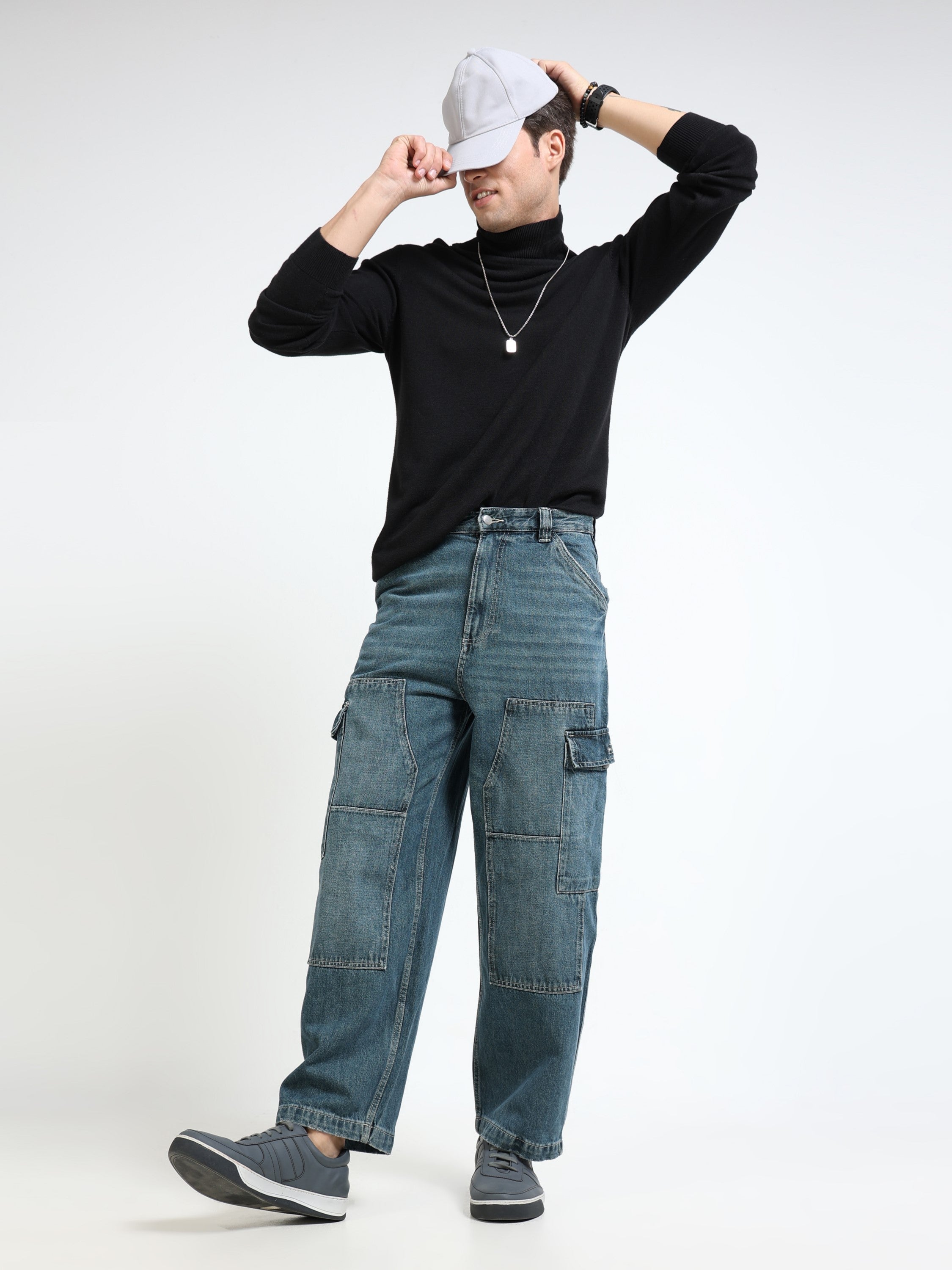 Men Blue Denim Baggy Cargo Pants