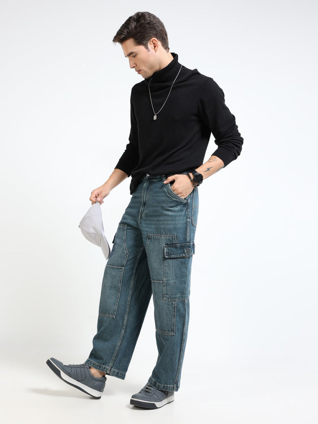 Men Blue Denim Baggy Cargo Pants