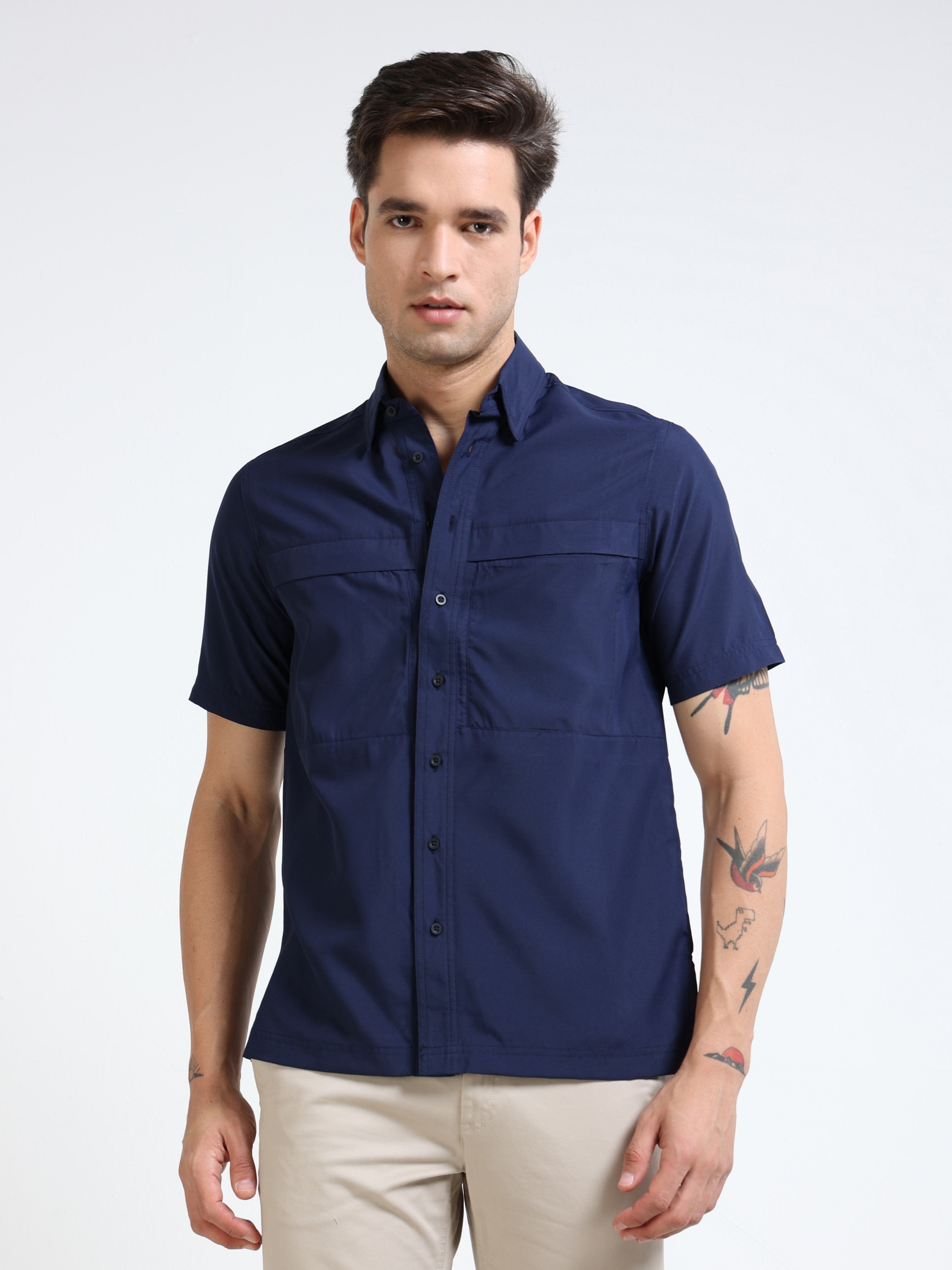 Men Navy Parachute Material Half Shirt