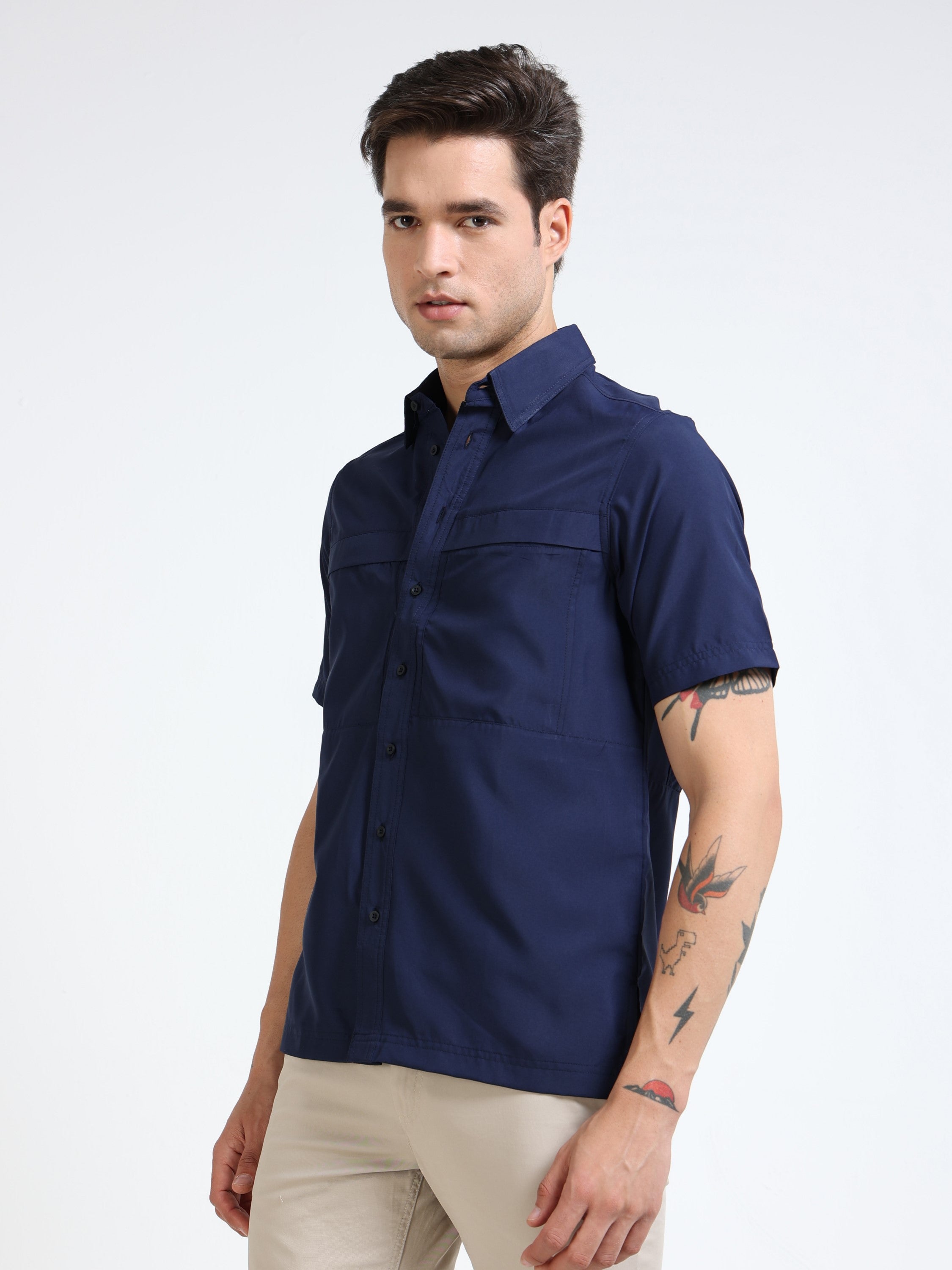 Men Navy Parachute Material Half Shirt