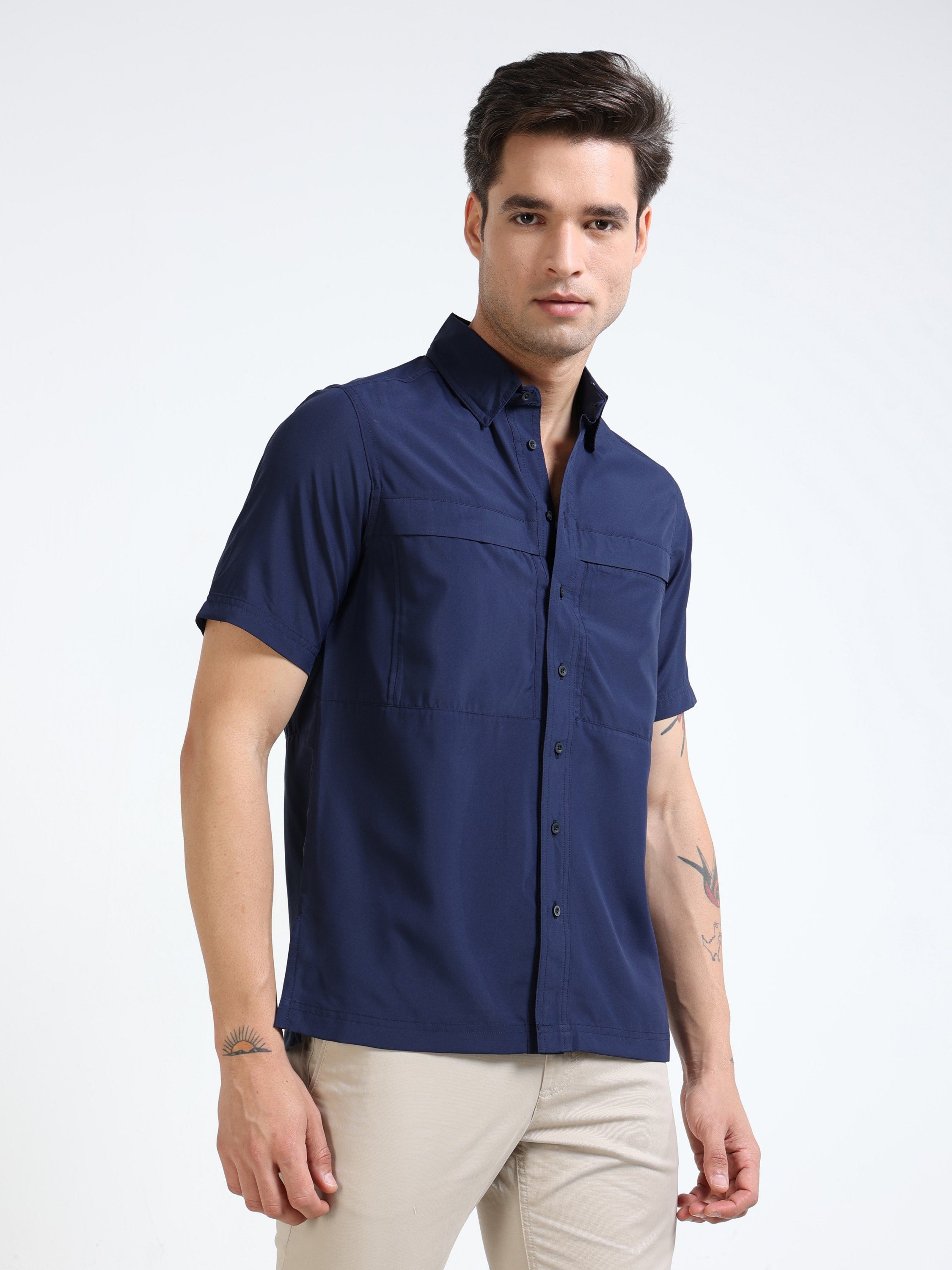 Men Navy Parachute Material Half Shirt