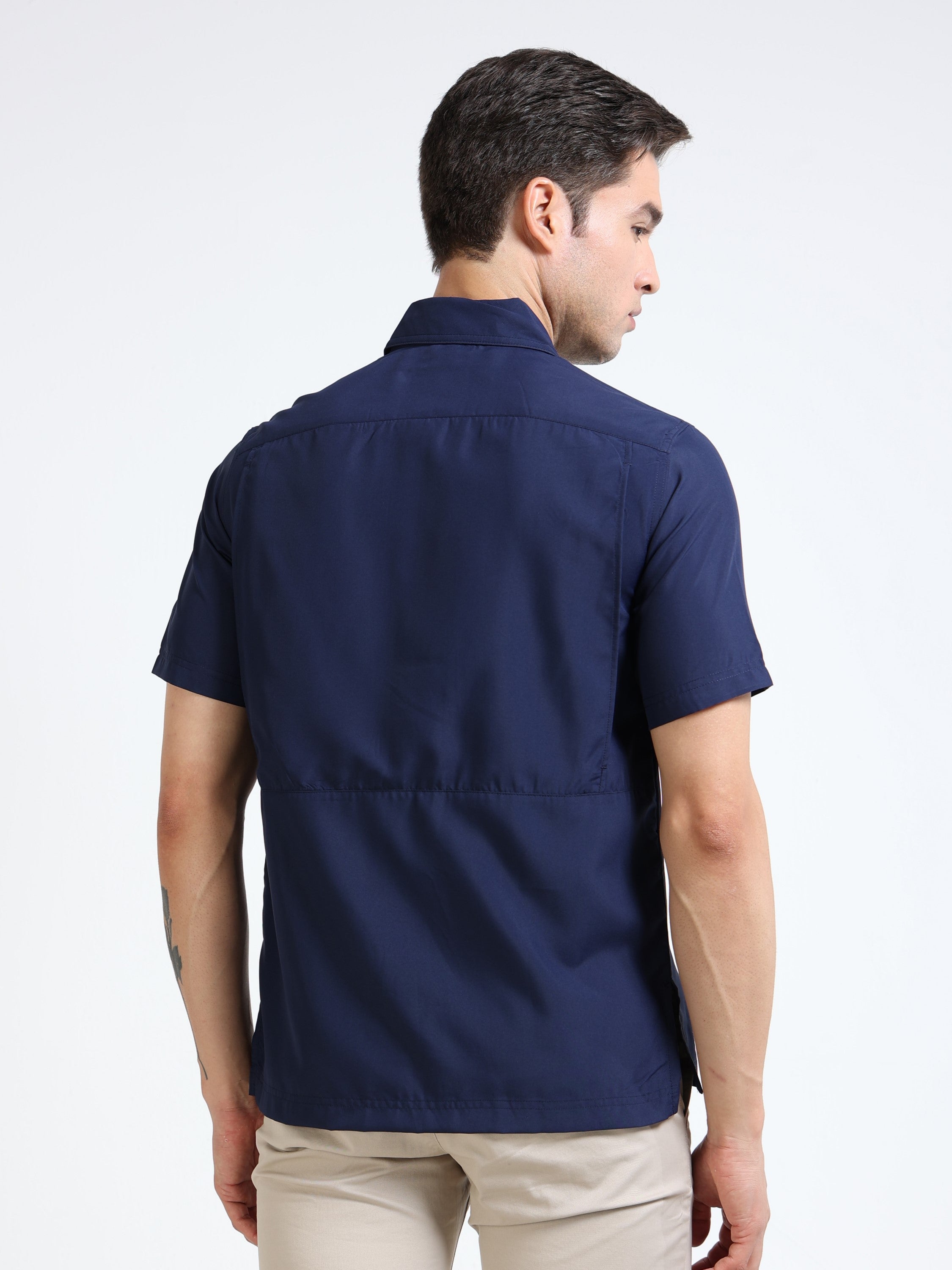 Men Navy Parachute Material Half Shirt