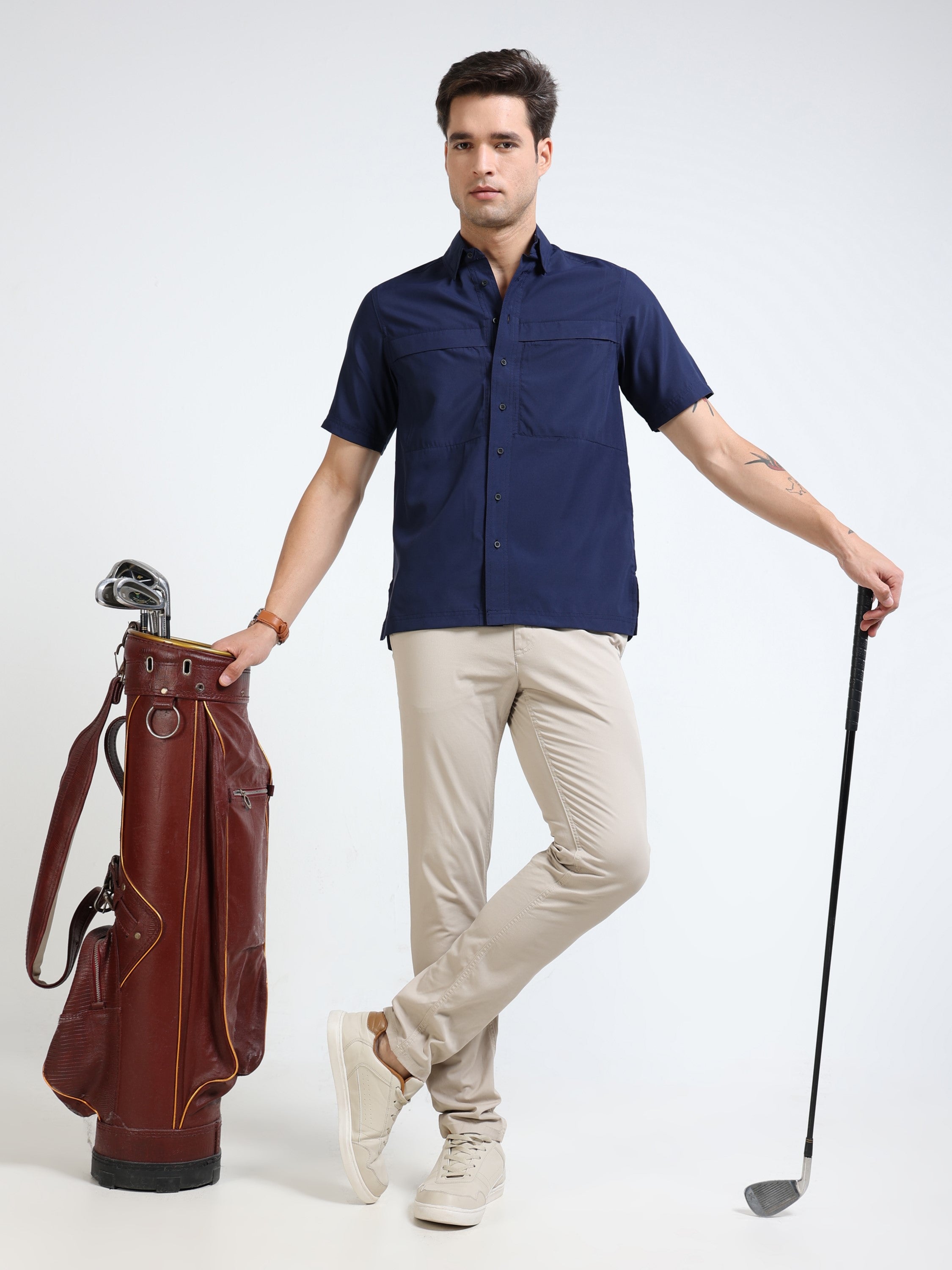 Men Navy Parachute Material Half Shirt