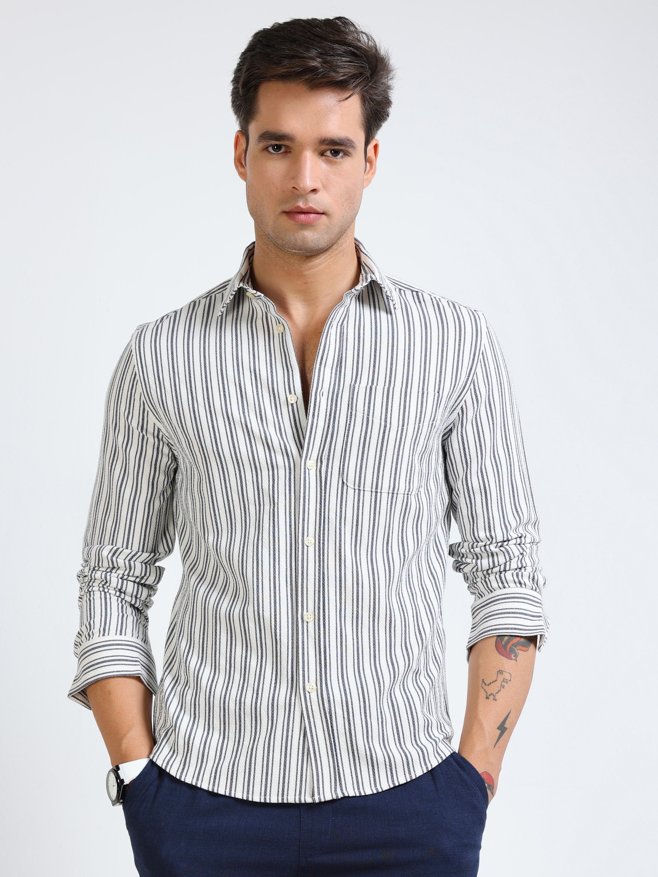 Men Grey Stripe Regular Fit Shirt