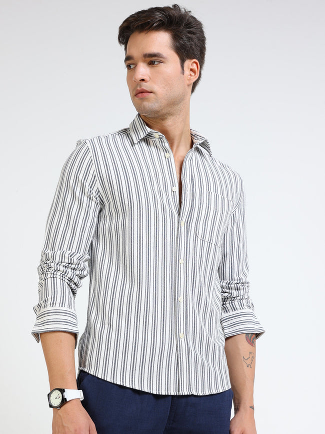 Men Grey Stripe Regular Fit Shirt