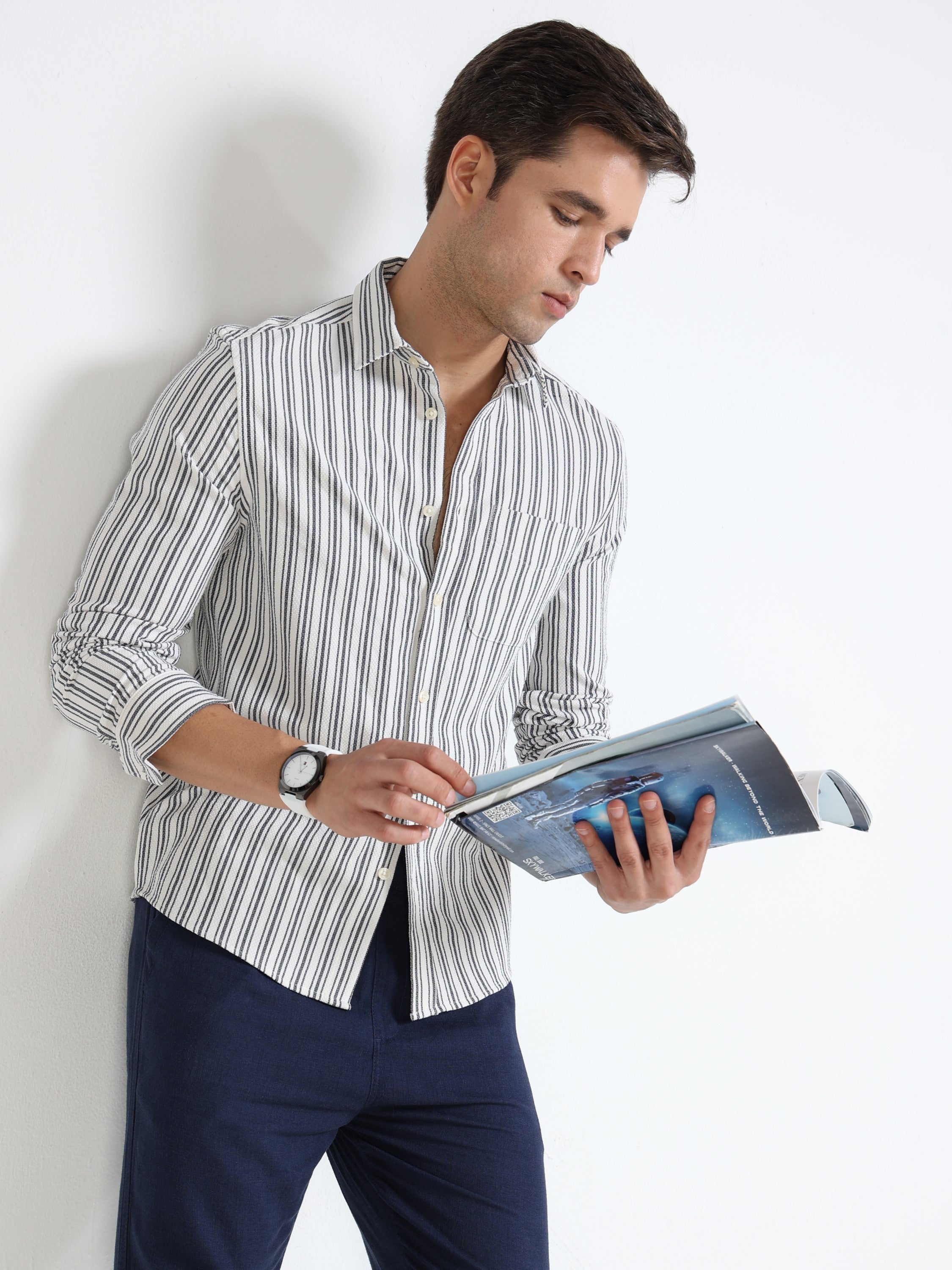 Men Grey Stripe Regular Fit Shirt