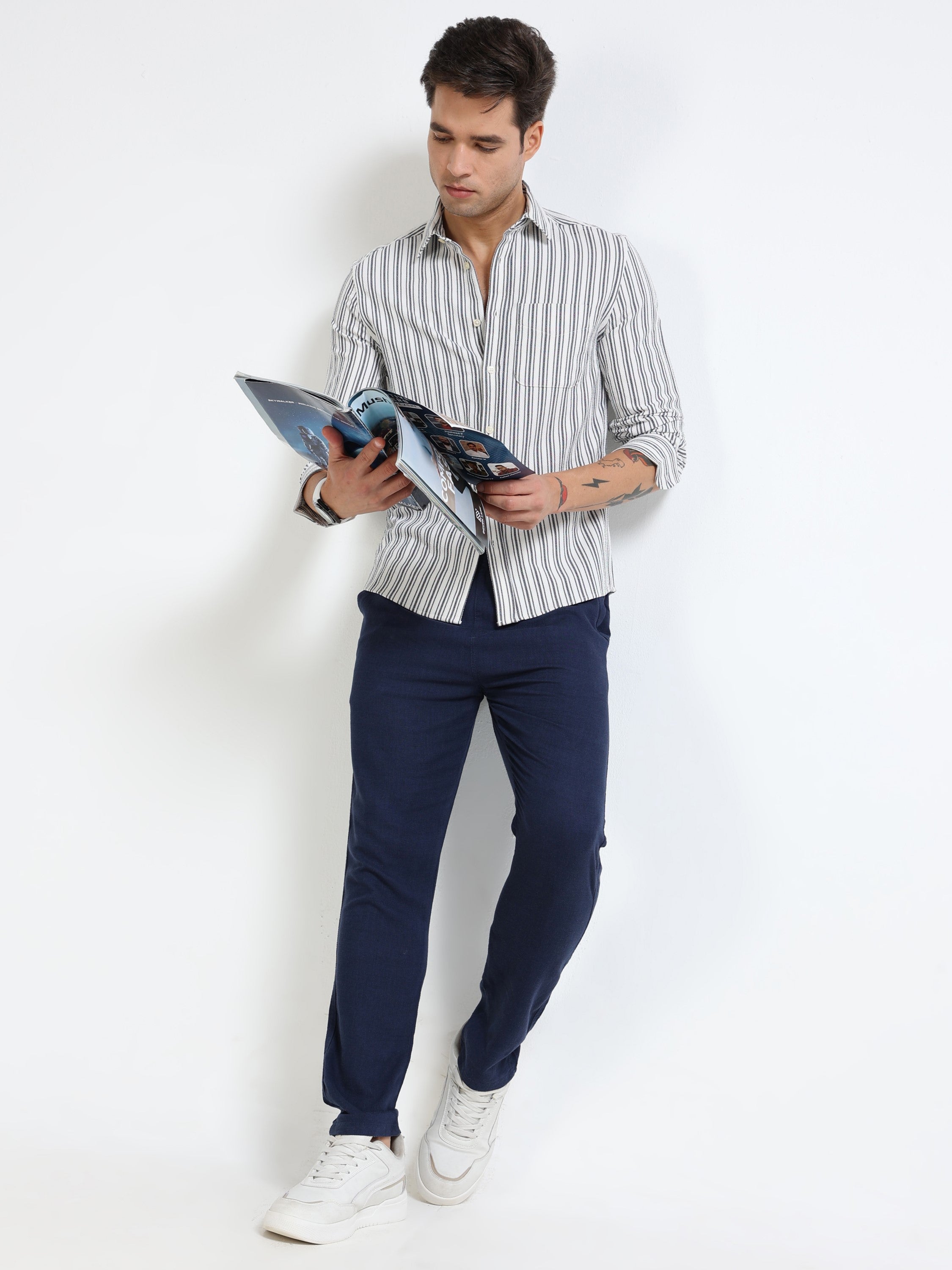 Men Grey Stripe Regular Fit Shirt