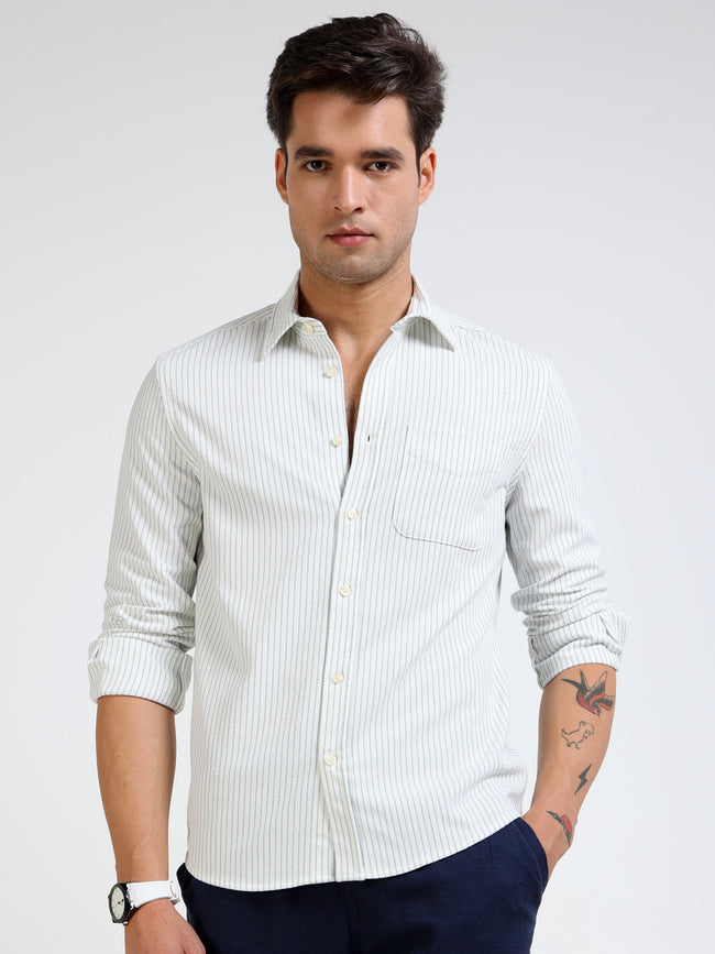 Men Green & White Vertical Stripe Shirt
