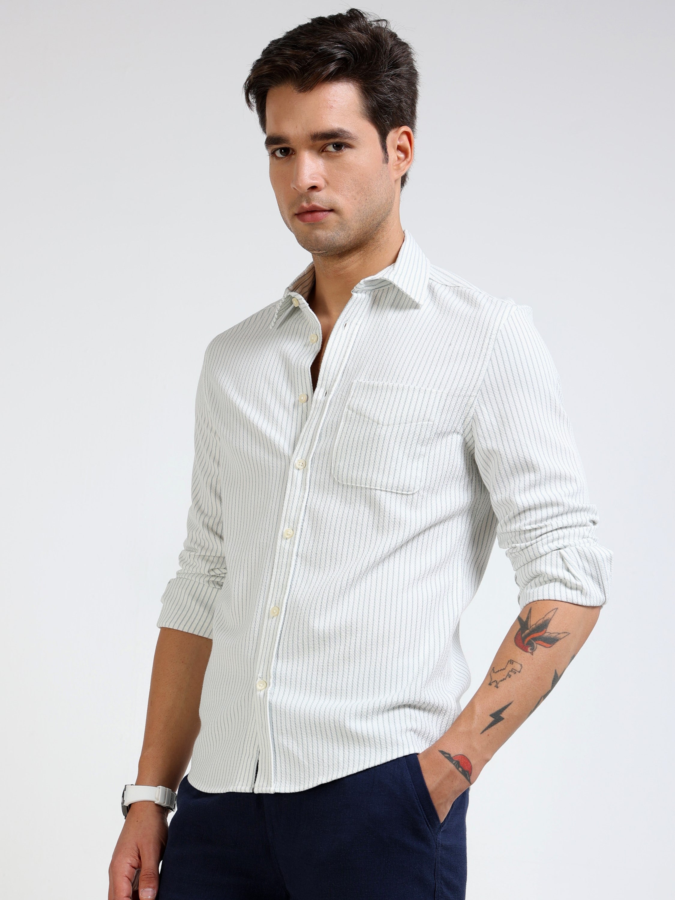 Men Green & White Vertical Stripe Shirt