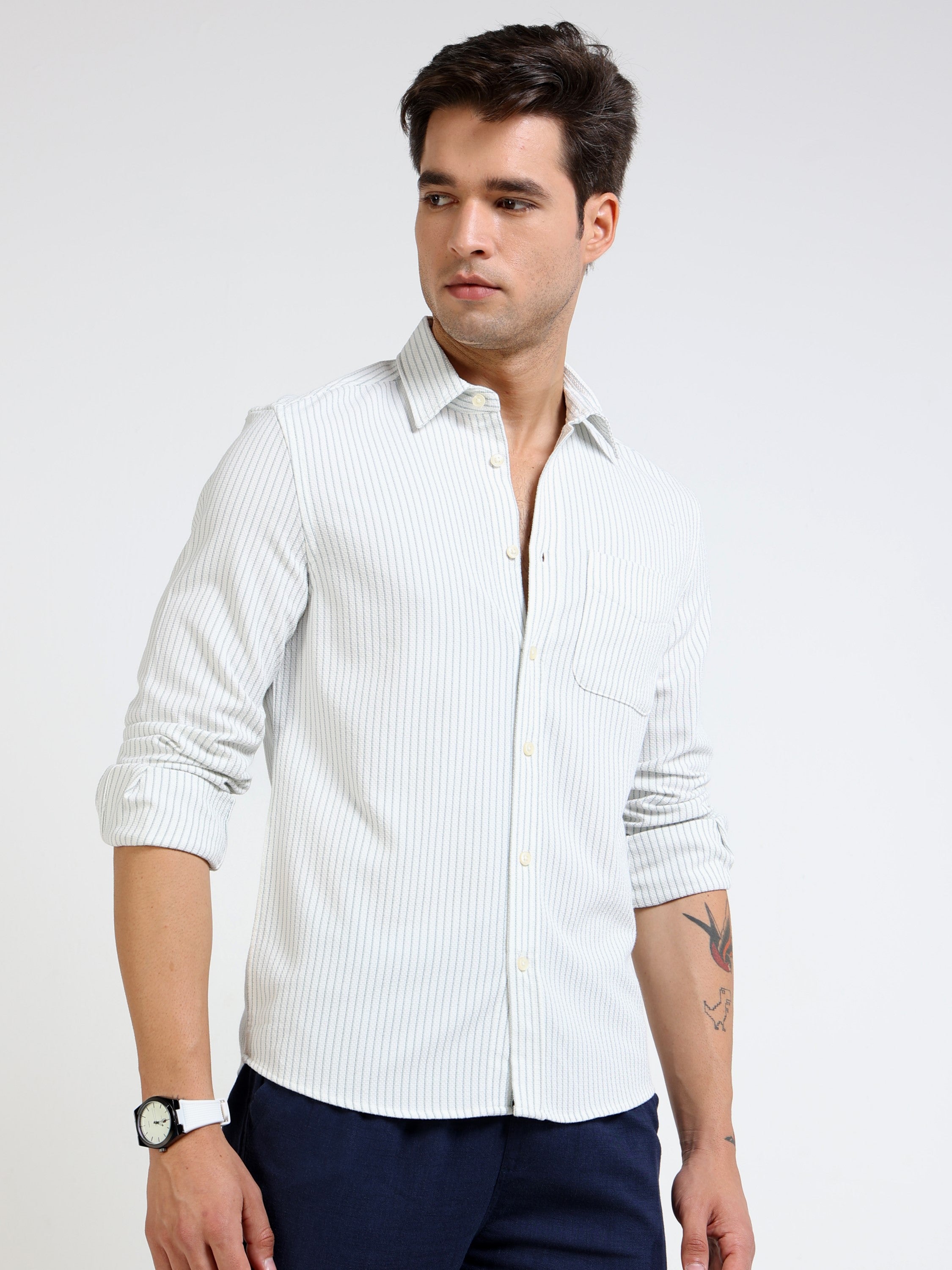 Men Green & White Vertical Stripe Shirt