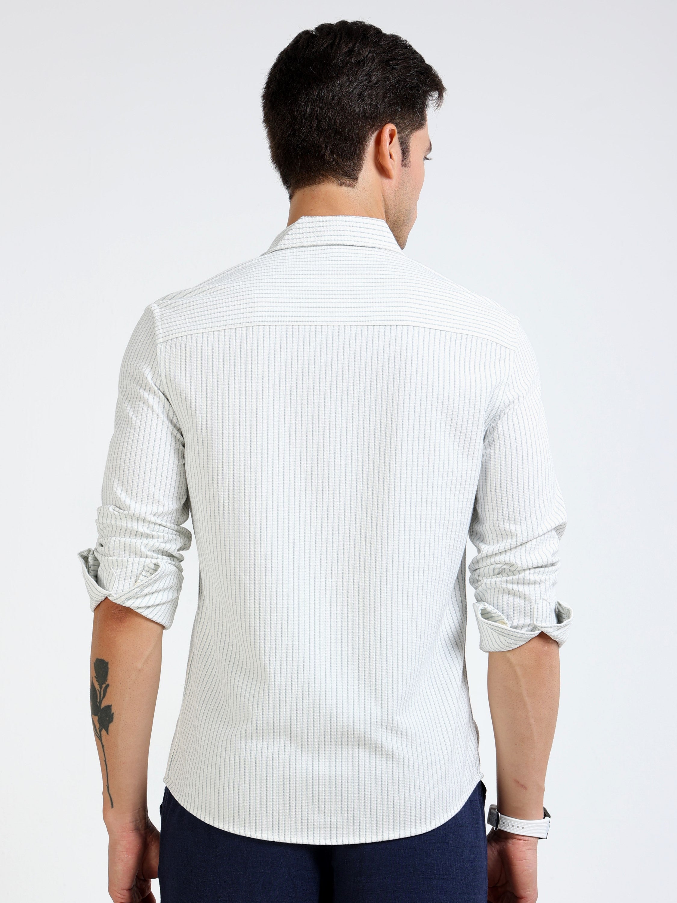 Men Green & White Vertical Stripe Shirt
