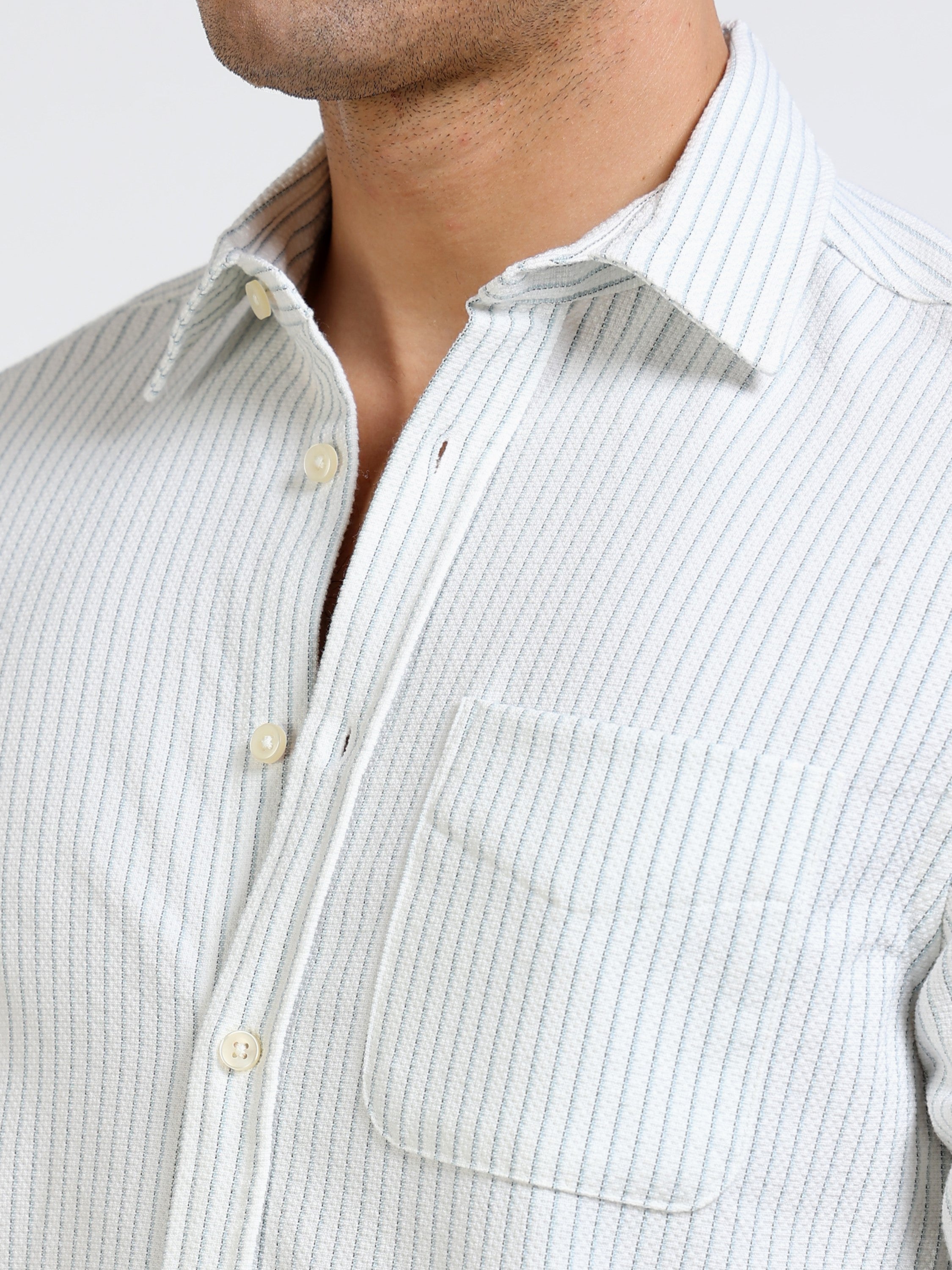Men Green & White Vertical Stripe Shirt