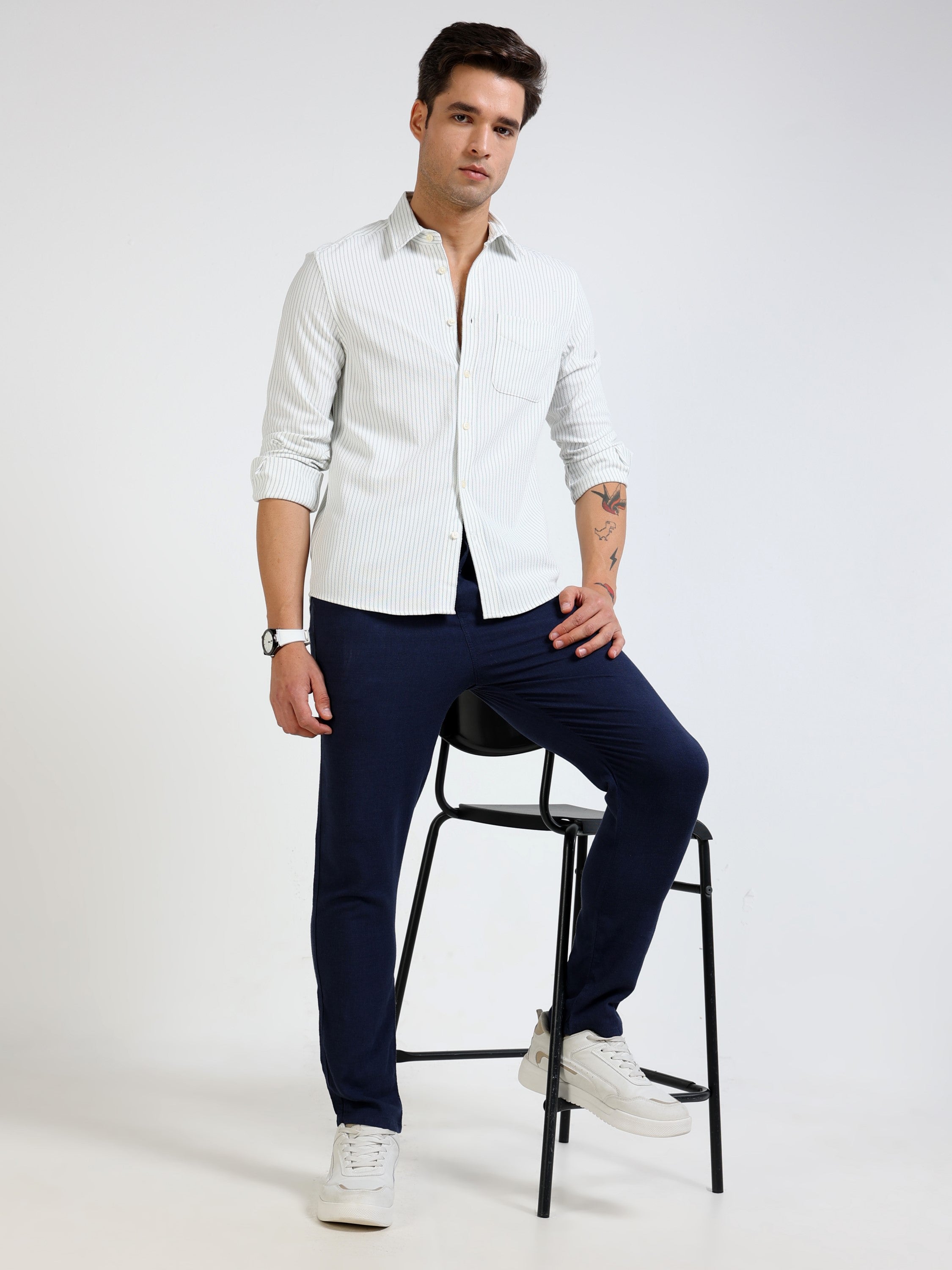 Men Green & White Vertical Stripe Shirt