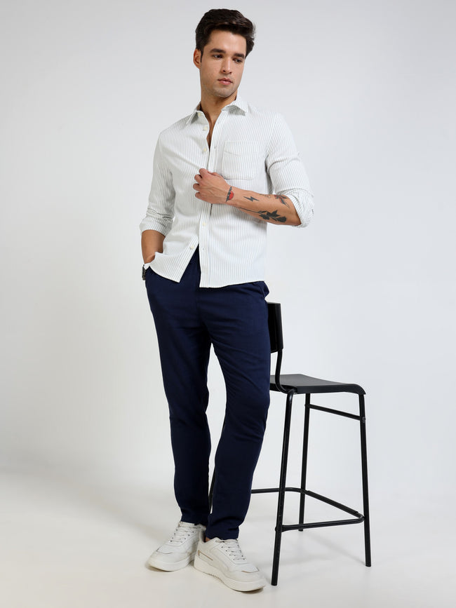 Men Green & White Vertical Stripe Shirt