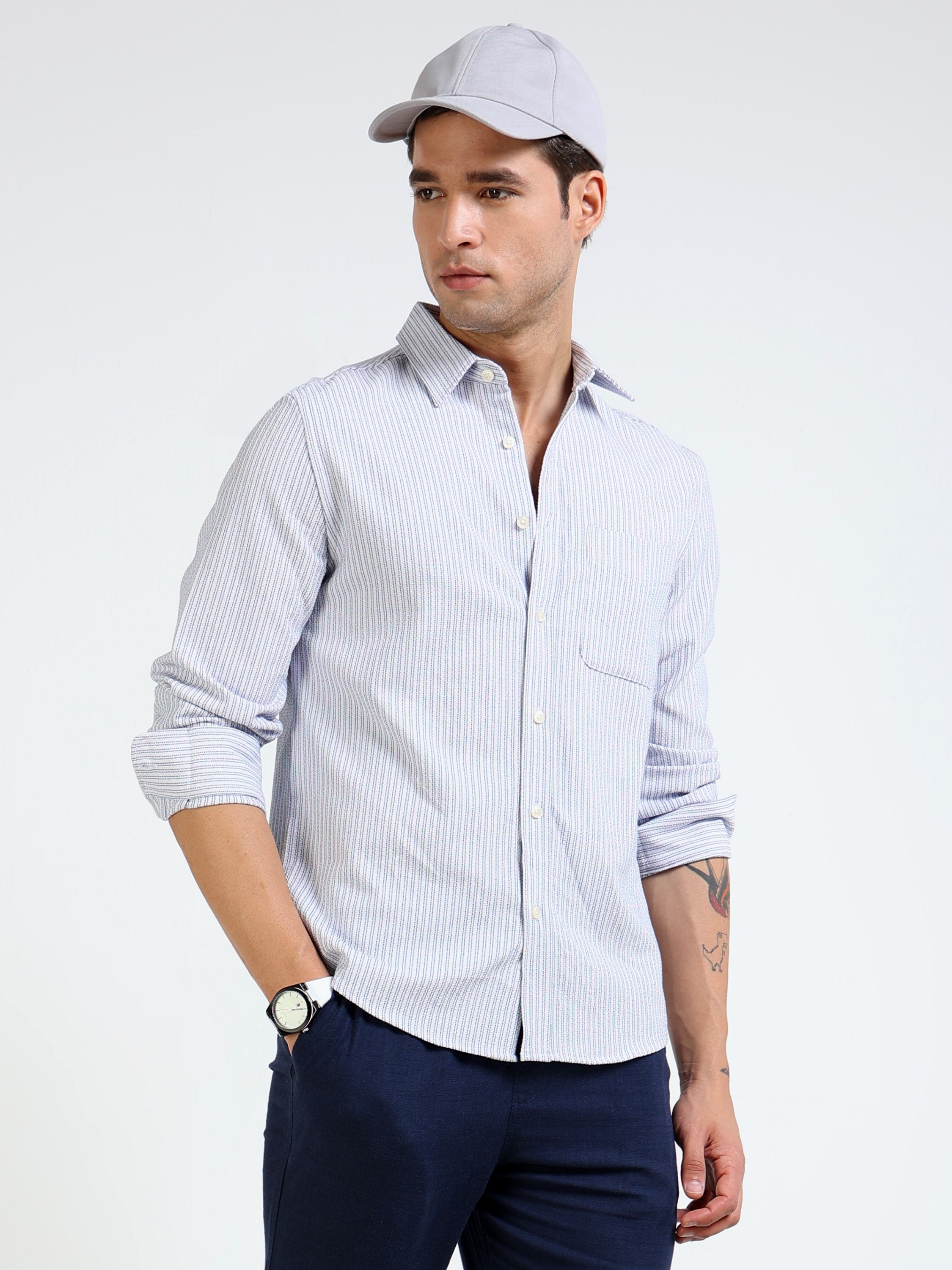 Men Blue & White Vertical Stripe Shirt