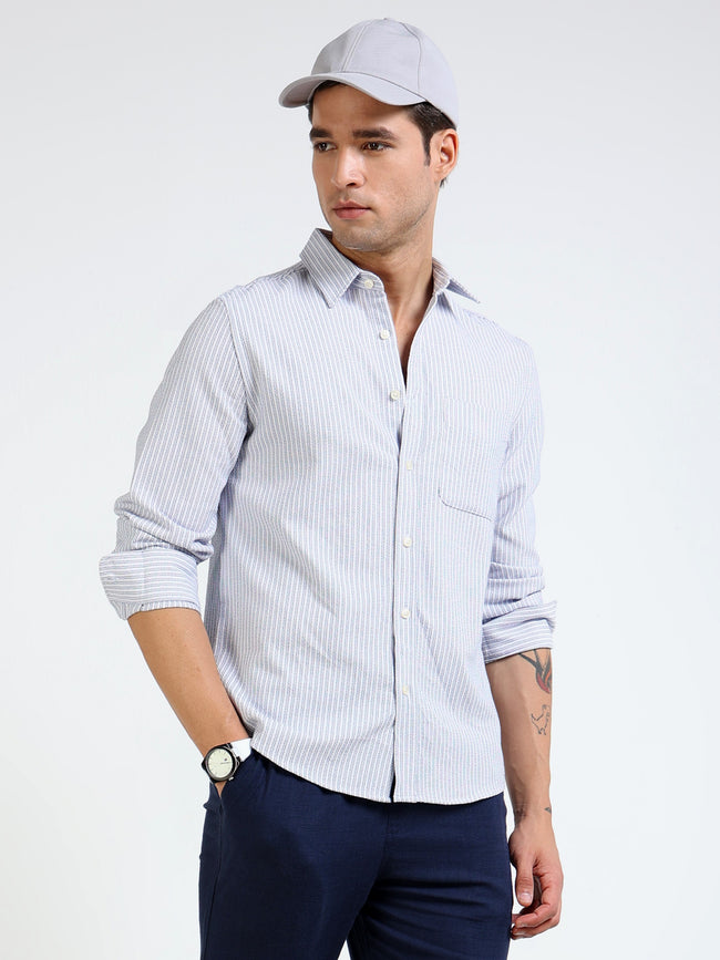 Men Blue & White Vertical Stripe Shirt