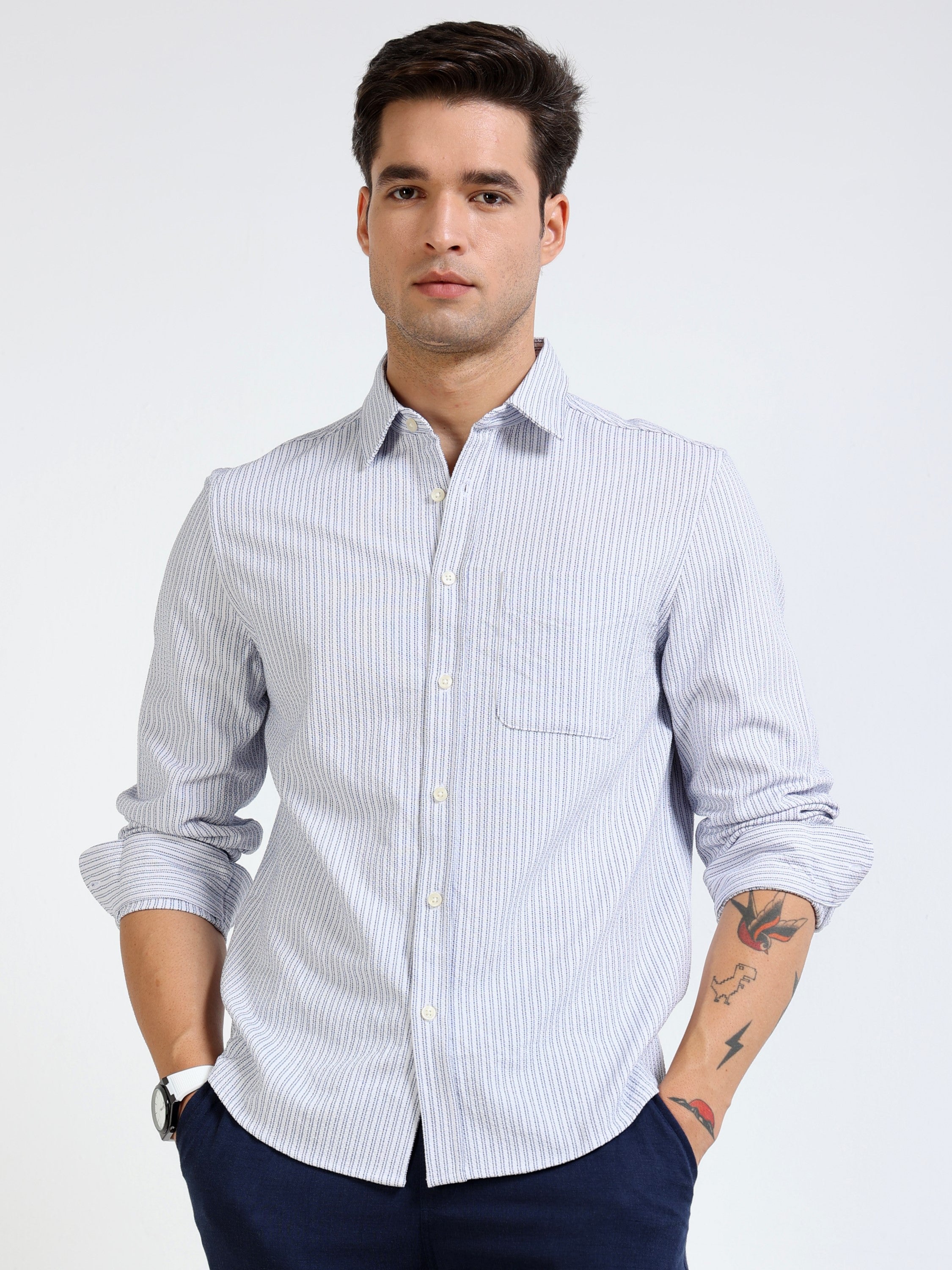 Men Blue & White Vertical Stripe Shirt