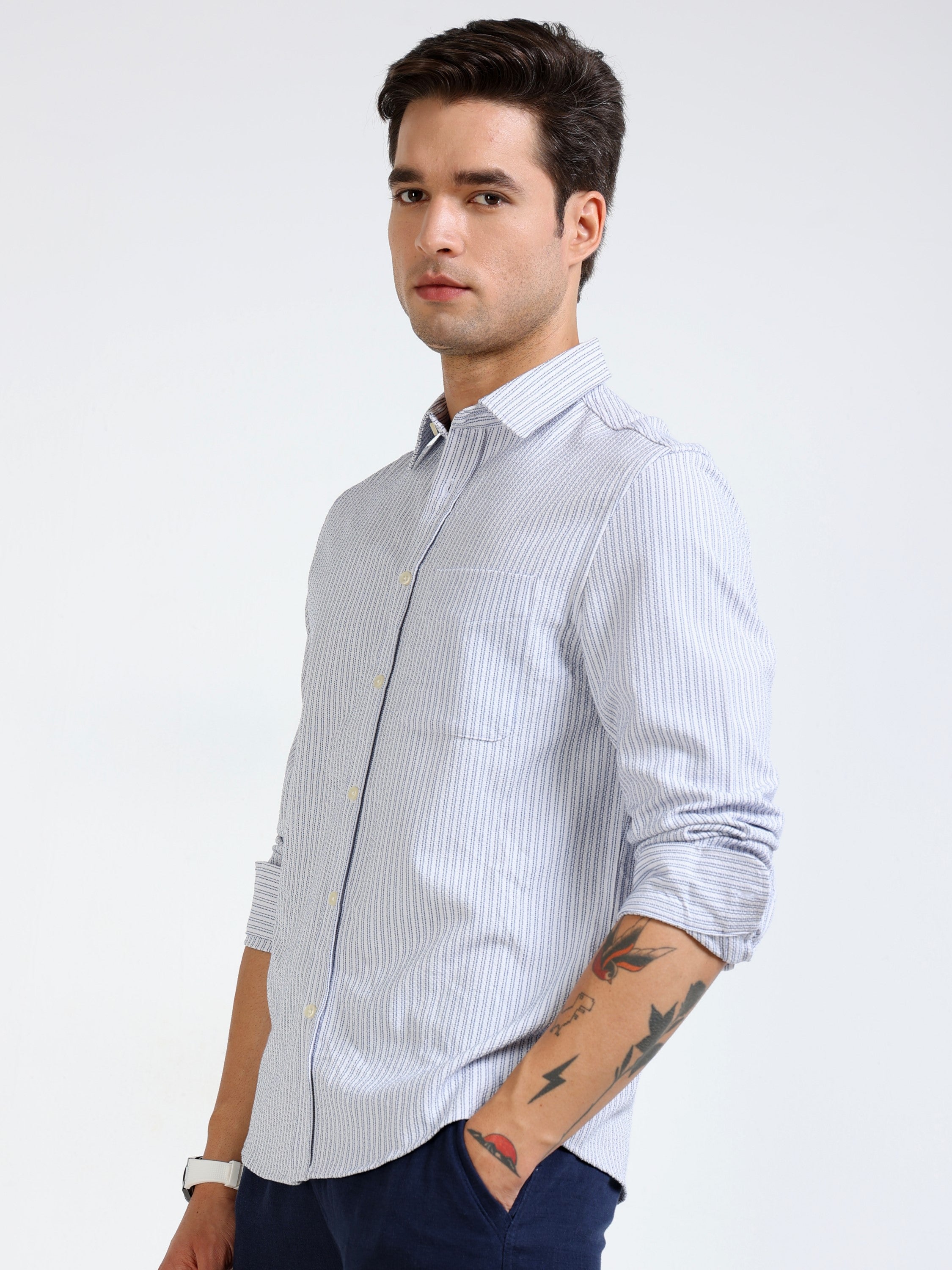 Men Blue & White Vertical Stripe Shirt